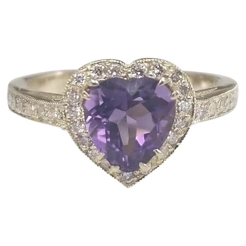 Heart Shaped Amethyst and Diamond Ring in Yellow Gold For Sale at ...