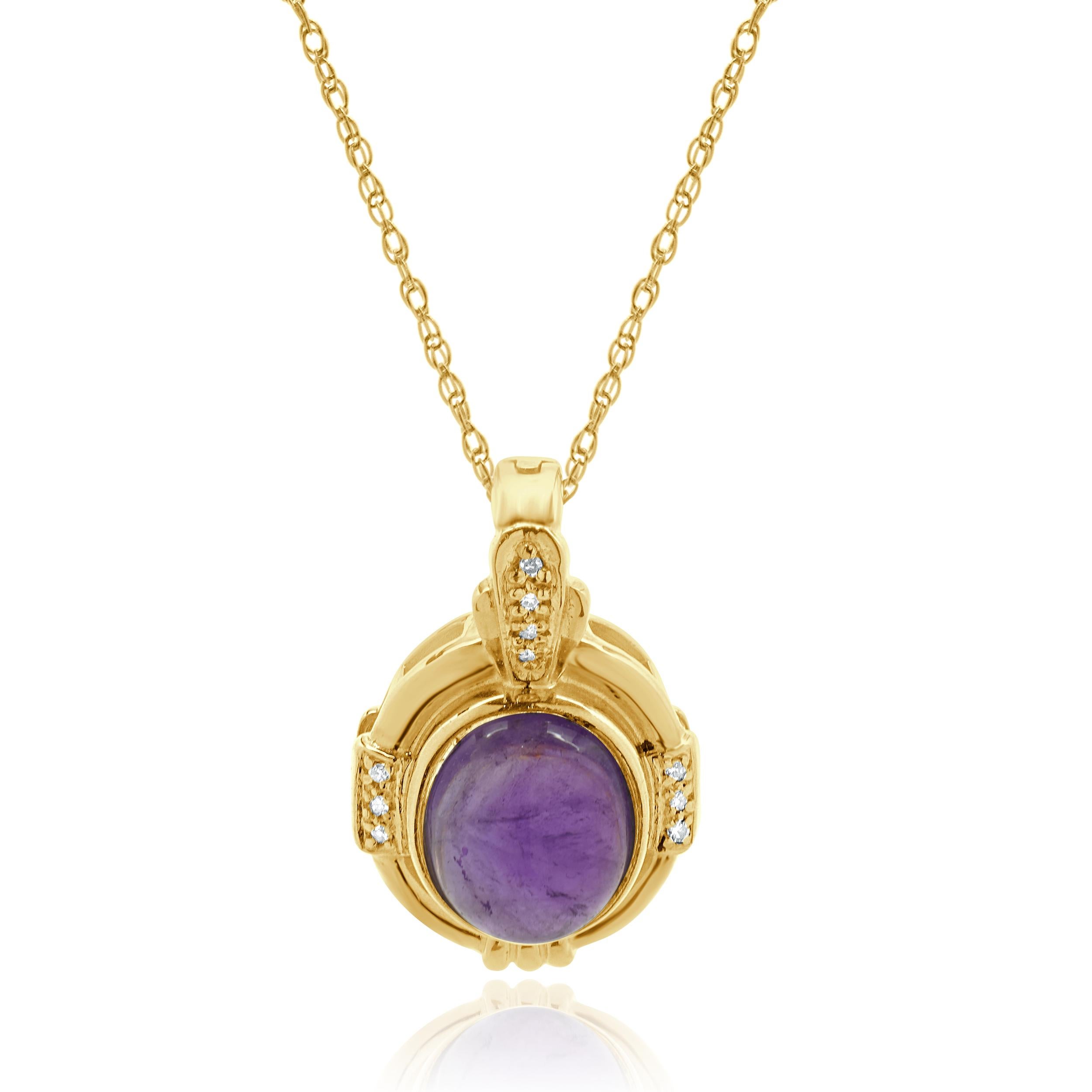 Designer: personalizzato
Materiale: oro giallo 14 carati
Ametista: 1 taglio cabochon = 5,18ct
Diamante: taglio rotondo = 0,07ctw
Colore: I
Chiarezza: I2
Lunghezza: la collana misura 16 pollici di lunghezza
Peso: 6.97 grammi
