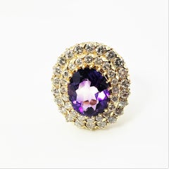 14 Karat Yellow Gold Amethyst and Diamond Ring