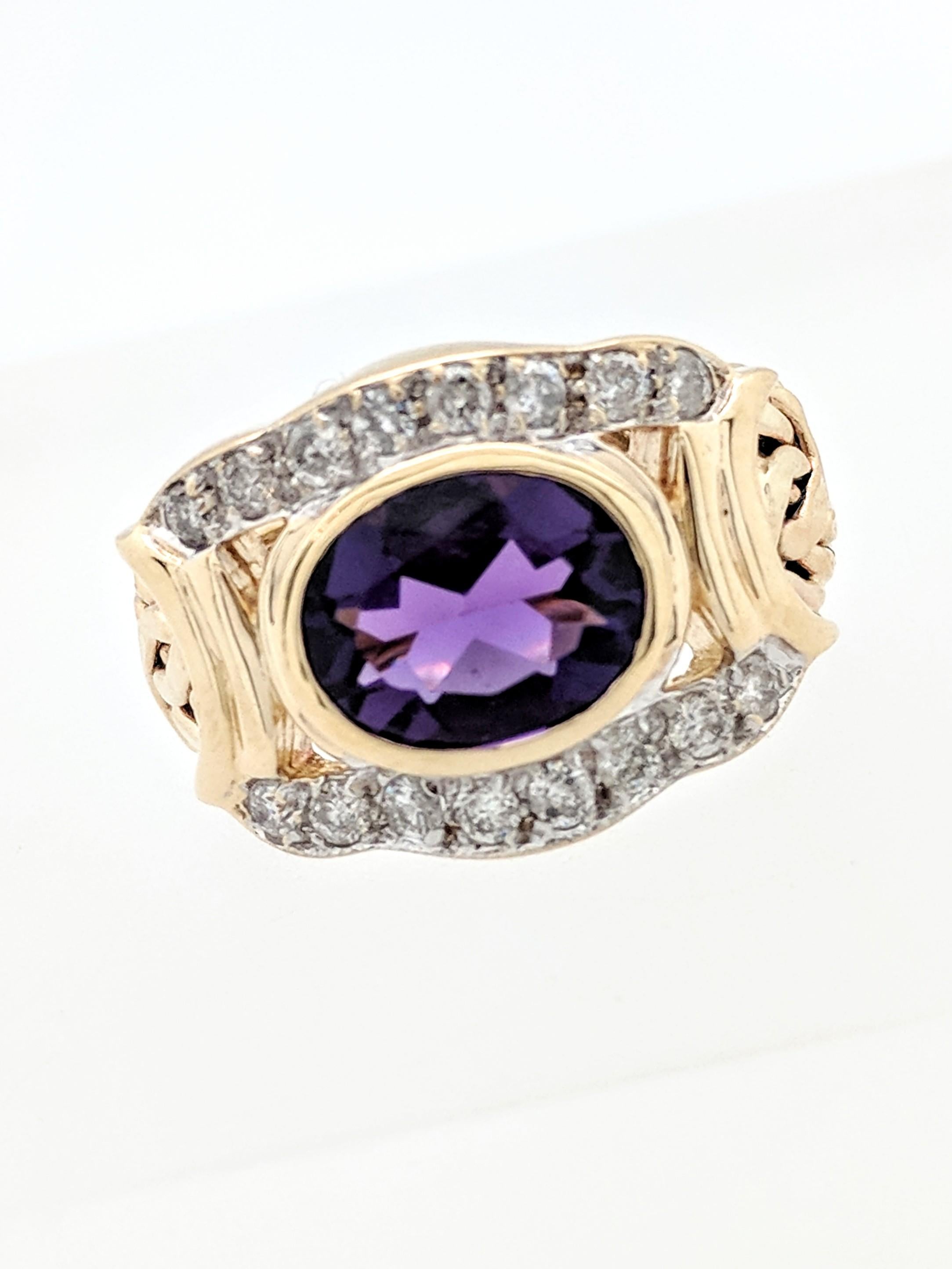 You are viewing a beautiful Amethyst & diamond ring.  
This ring is crafted from 14k yellow gold and weighs 6.5 grams.  It features (16)  .01ct natural round diamonds and (1) bezel set oval shaped Amethyst.

Currently this beauty is a size 6 and can