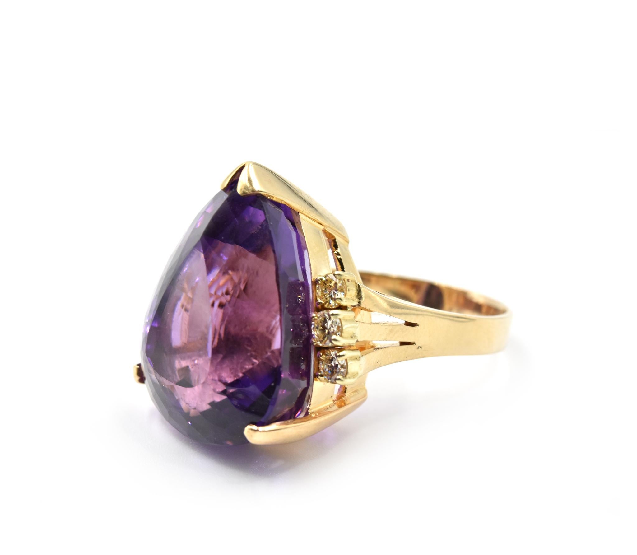 Designer: custom design
Material: 14k white gold
Amethyst: amethyst = 36.5ct
Diamonds: 6 round brilliant diamonds = .60cttw
Color: I
Clarity: VS2
Ring Size: 9 ¾ (please allow two additional shipping days for sizing requests) 
Weight: 11.80 grams
