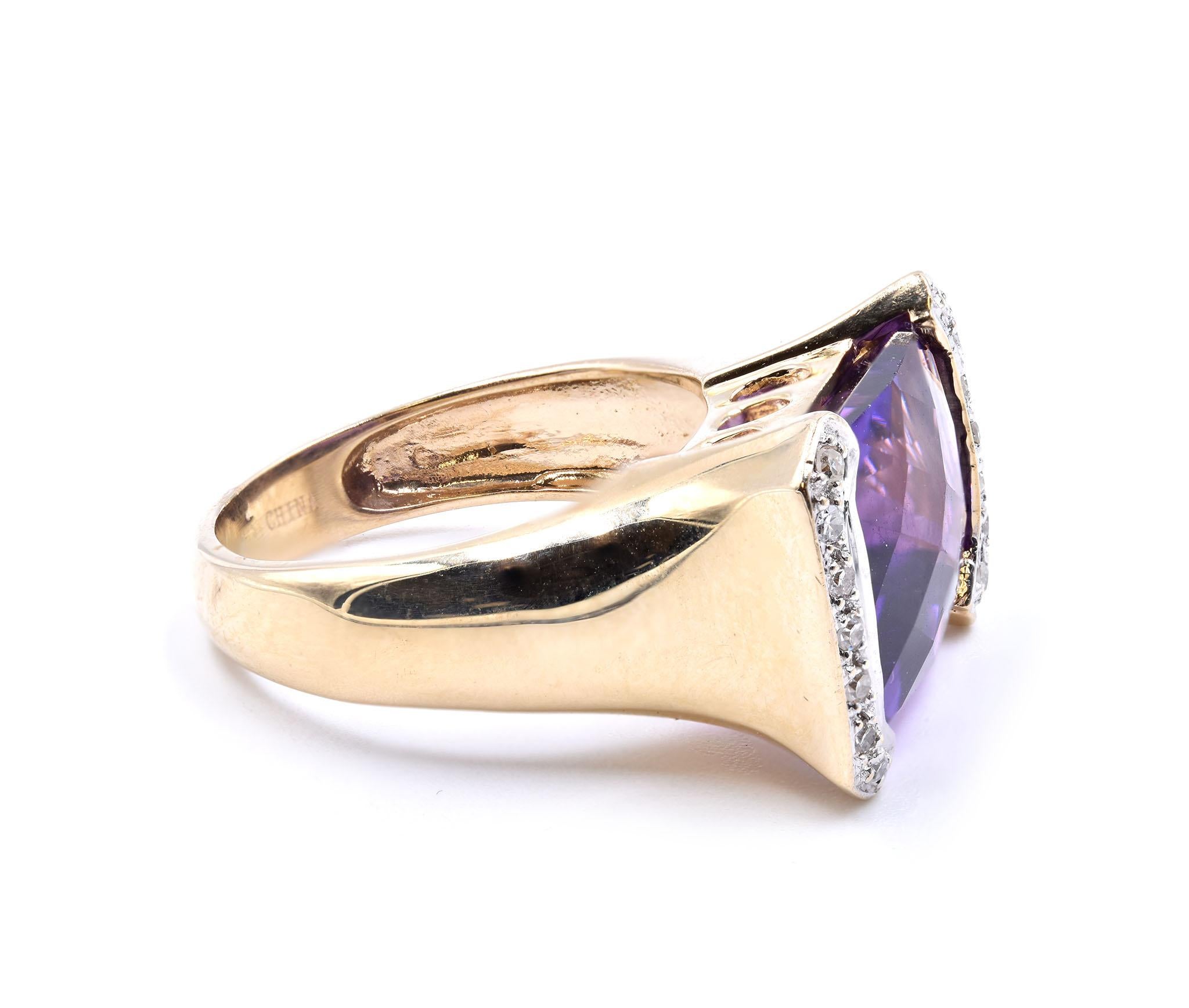 Designer: custom
Material: 14K yellow gold
Amethyst: 1 checkerboard cut = 5.60ct
Diamond: 14 round cut = .21cttw
Color: H
Clarity: SI1
Ring Size: 5.75 (please allow up to additional business days for sizing requests)
Dimensions: ring top measures