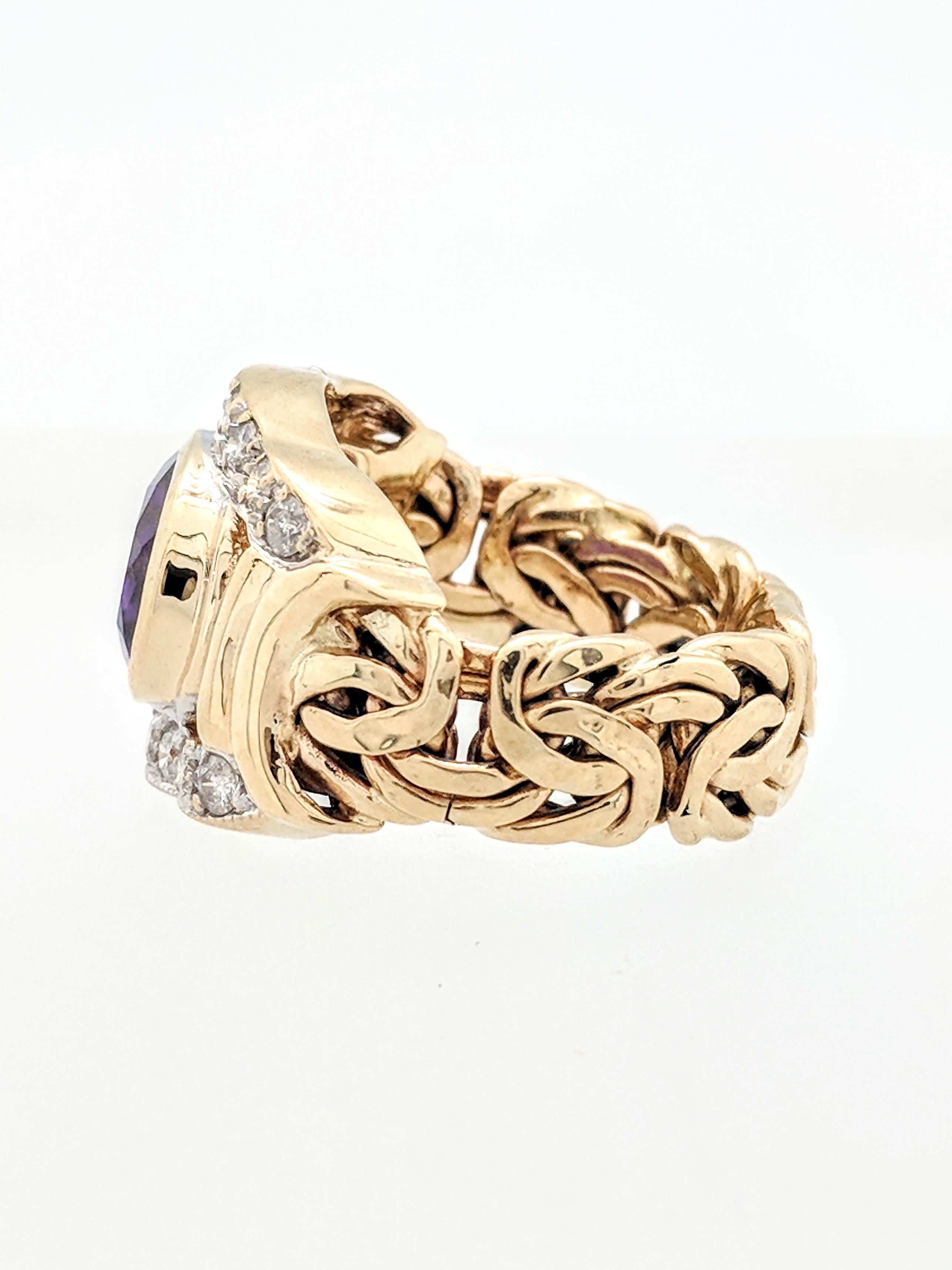 Women's or Men's 14 Karat Yellow Gold Amethyst and Diamond Ring
