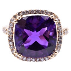 14 Karat Yellow Gold Amethyst and Diamond Ring
