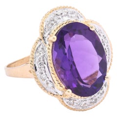 14 Karat Yellow Gold Amethyst and Diamond Ring