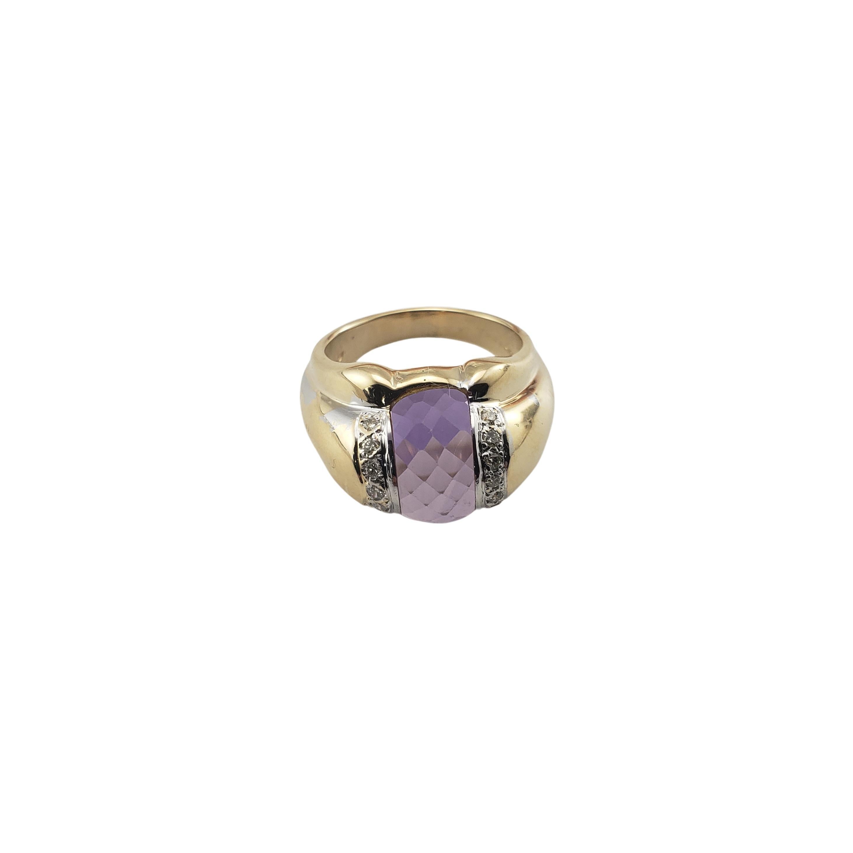 This stunning ring features one amethyst gemstone and 14 round brilliant cut diamonds set in classic 14K yellow gold.  

Width:  12 mm.  Shank:  3 mm.

Amethyst weight:  5.75

 Total diamond weight:  .14 ct.

Diamond color: K-L

Diamond clarity: