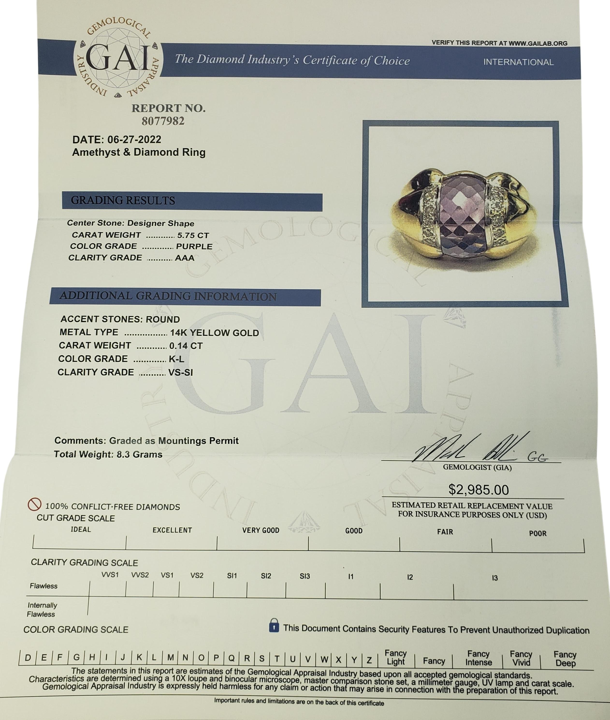 14 Karat Yellow Gold Amethyst and Diamond Ring For Sale 4