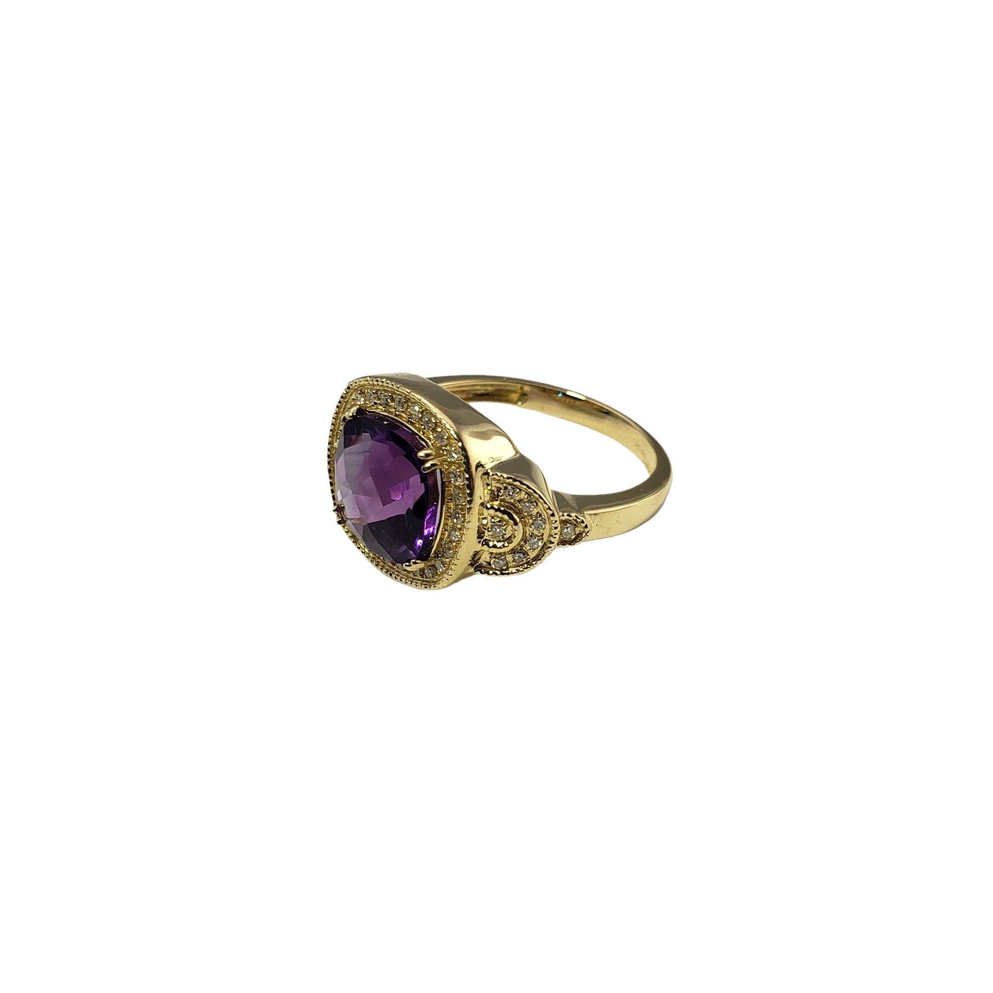 Cushion Cut 14 Karat Yellow Gold Amethyst and Diamond Ring Size 7.75 For Sale