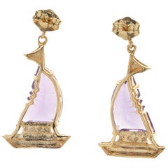 14 Karat Yellow Gold Amethyst and Diamond Sailboat Drop Earrings