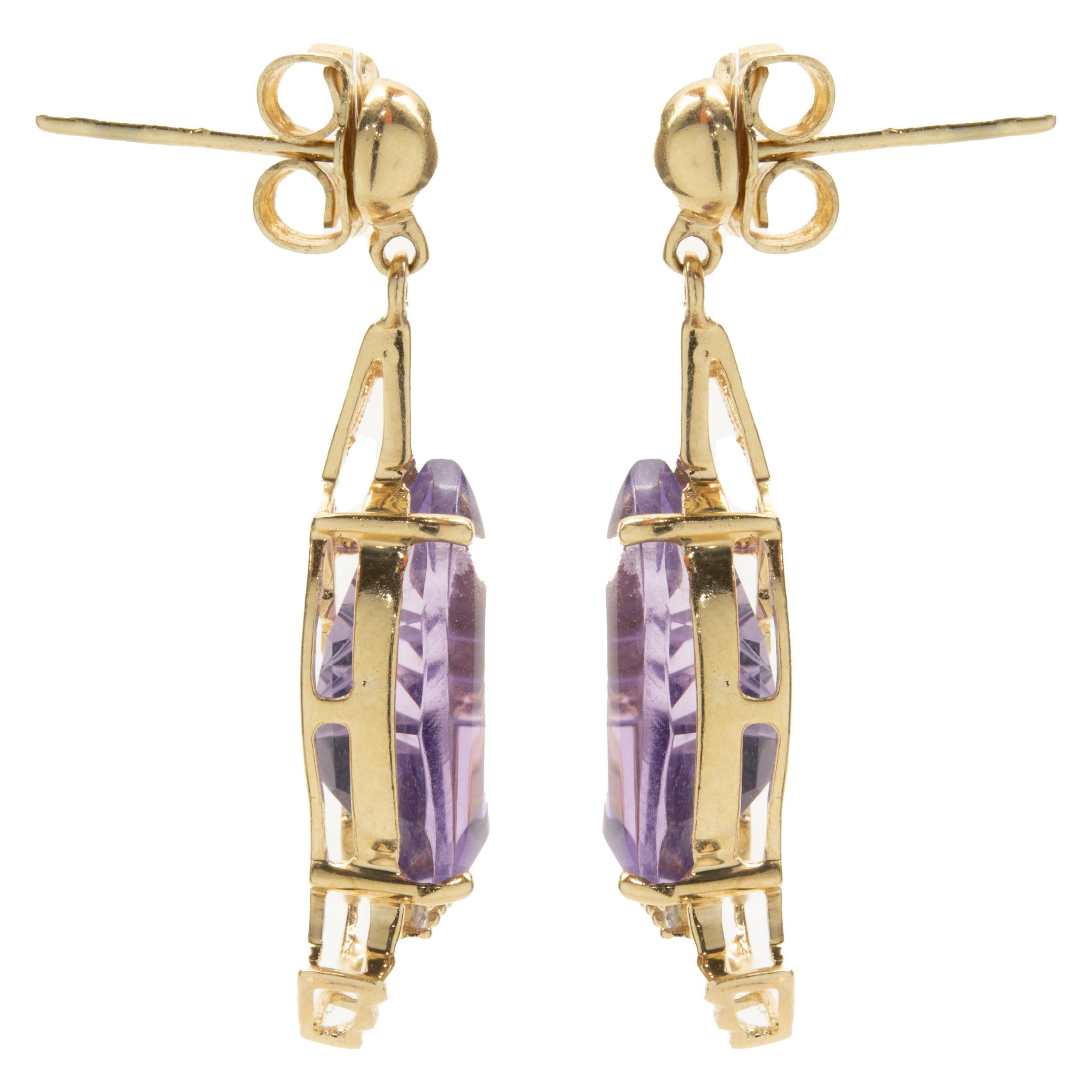 Round Cut 14 Karat Yellow Gold Amethyst and Diamond Sailboat Drop Earrings For Sale