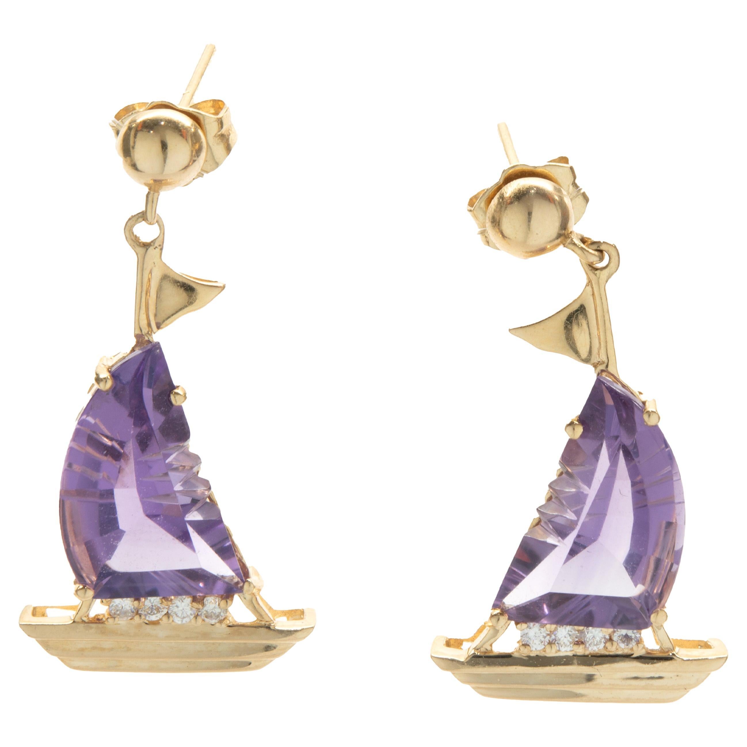 14 Karat Yellow Gold Amethyst and Diamond Sailboat Drop Earrings