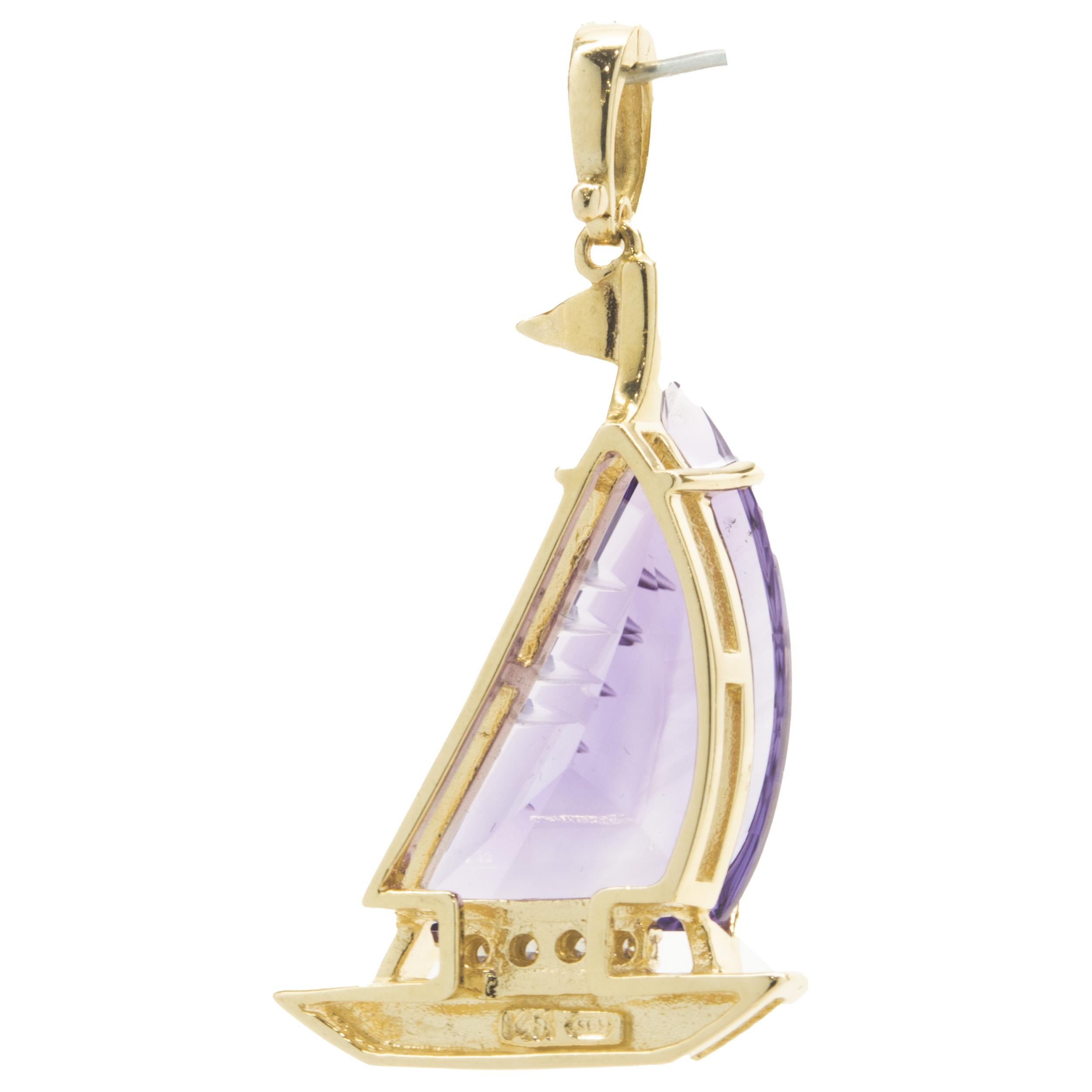 Designer: custom
Material: 14K yellow gold
Diamond: 4 round cut = 0.08cttw
Color: G
Clarity: SI1
Amethyst: 1 specialty cut = 7.00ct
Dimensions: pendant measures 42 x 22mm in length
Weight: 7.70 grams
