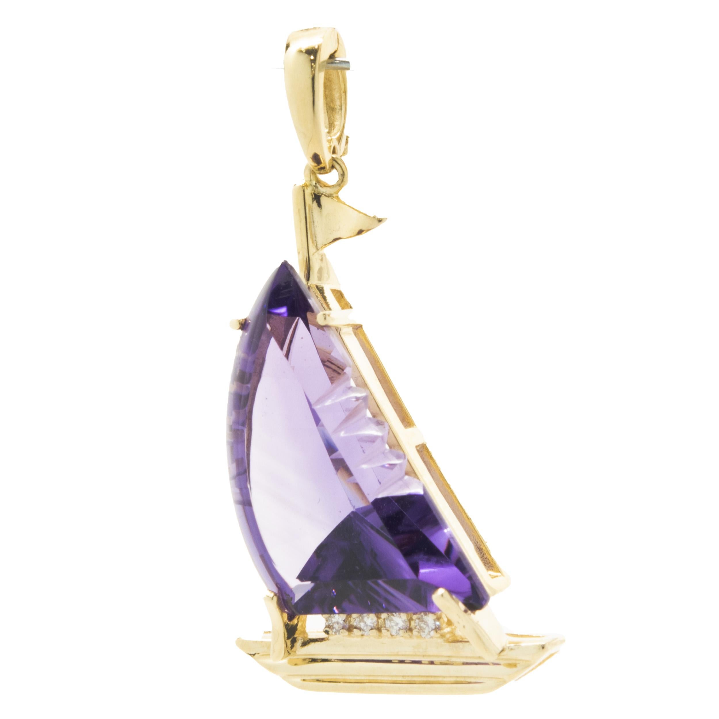 Round Cut 14 Karat Yellow Gold Amethyst and Diamond Sailboat Pendant