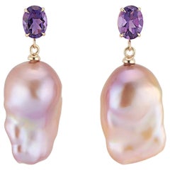 14 Karat Yellow Gold Amethyst and Natural Pink Baroque Pearl Earrings
