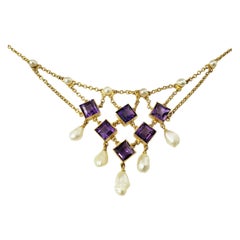 14 Karat Yellow Gold Amethyst and Pearl Bib Necklace