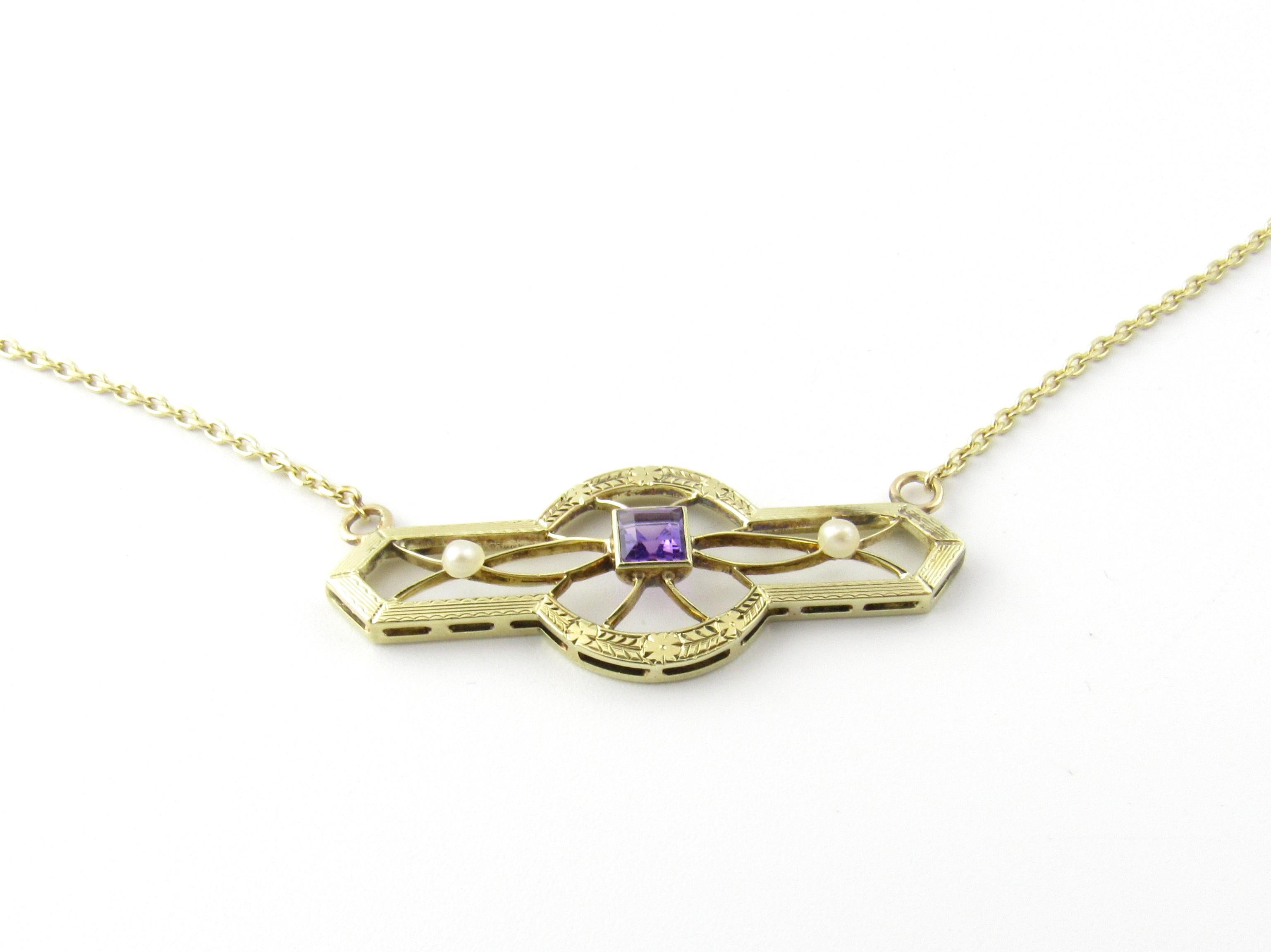 Round Cut 14 Karat Yellow Gold Amethyst and Pearl Pendant Necklace