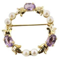 Vintage 14 Karat Yellow Gold Amethyst and Pearl Pin or Brooch