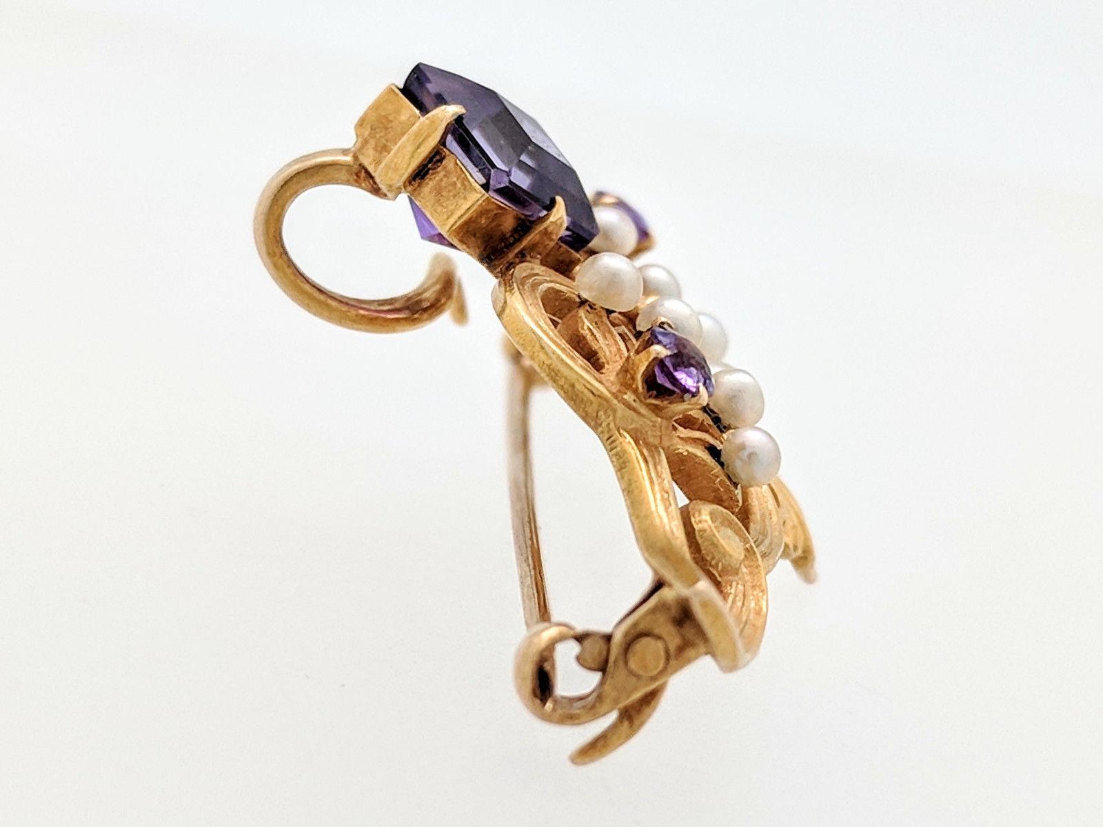 Women's or Men's 14 Karat Yellow Gold Amethyst and Seed Pearl Estate Brooch Pin For Sale