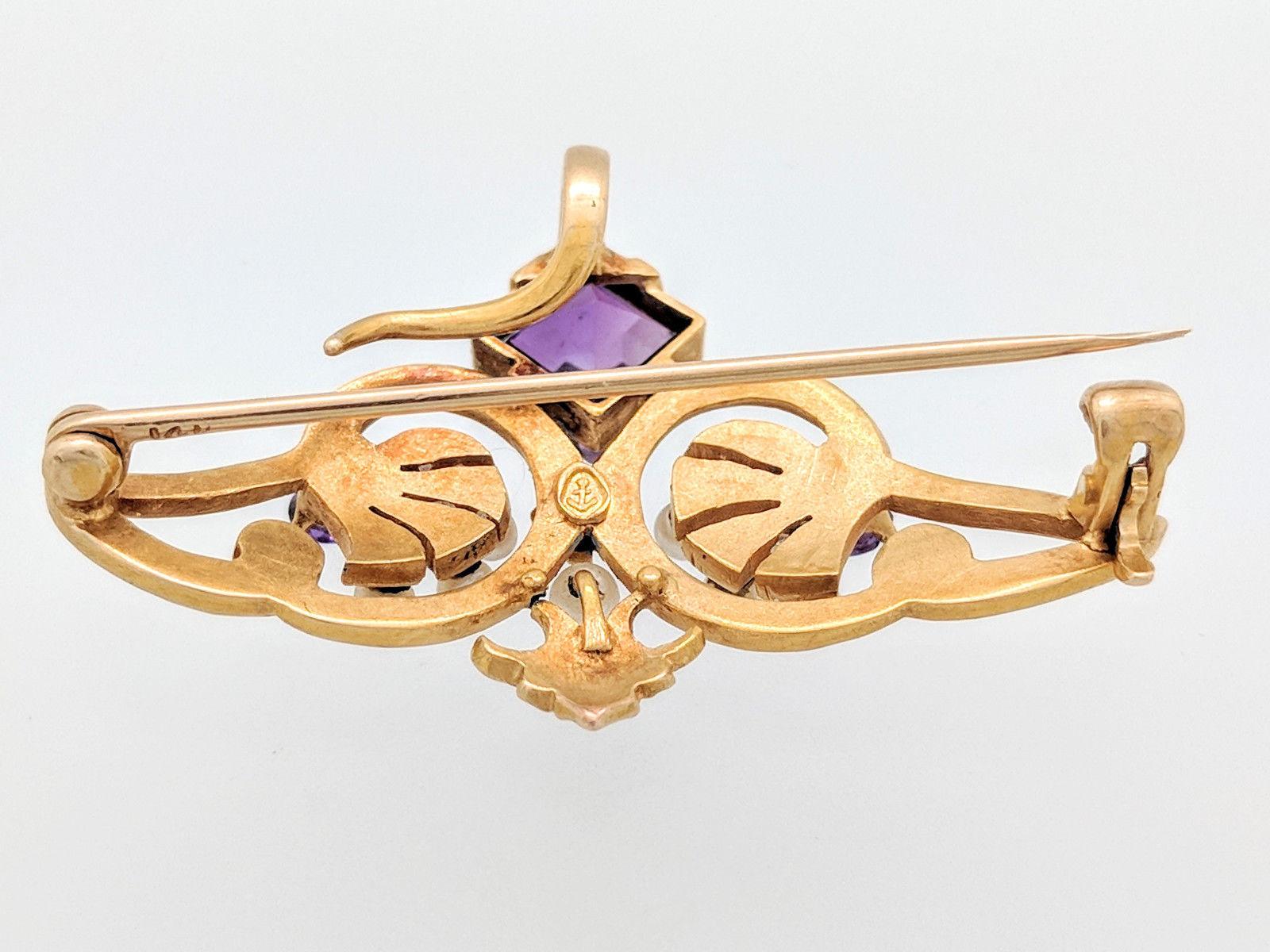 14 Karat Yellow Gold Amethyst and Seed Pearl Estate Brooch Pin For Sale 2