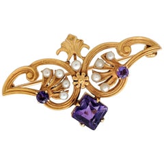 14 Karat Yellow Gold Amethyst and Seed Pearl Estate Brooch Pin