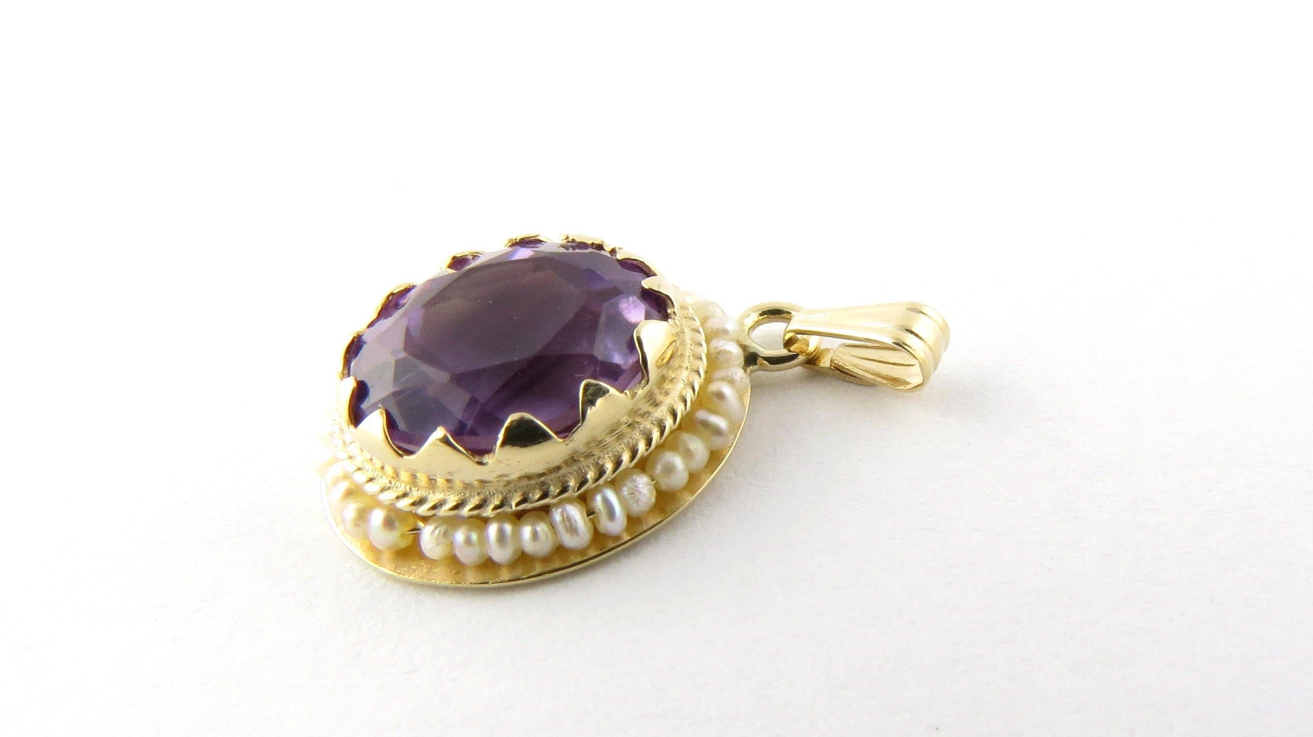 14 Karat Yellow Gold Amethyst and Seed Pearl Pendant In Good Condition In Washington Depot, CT