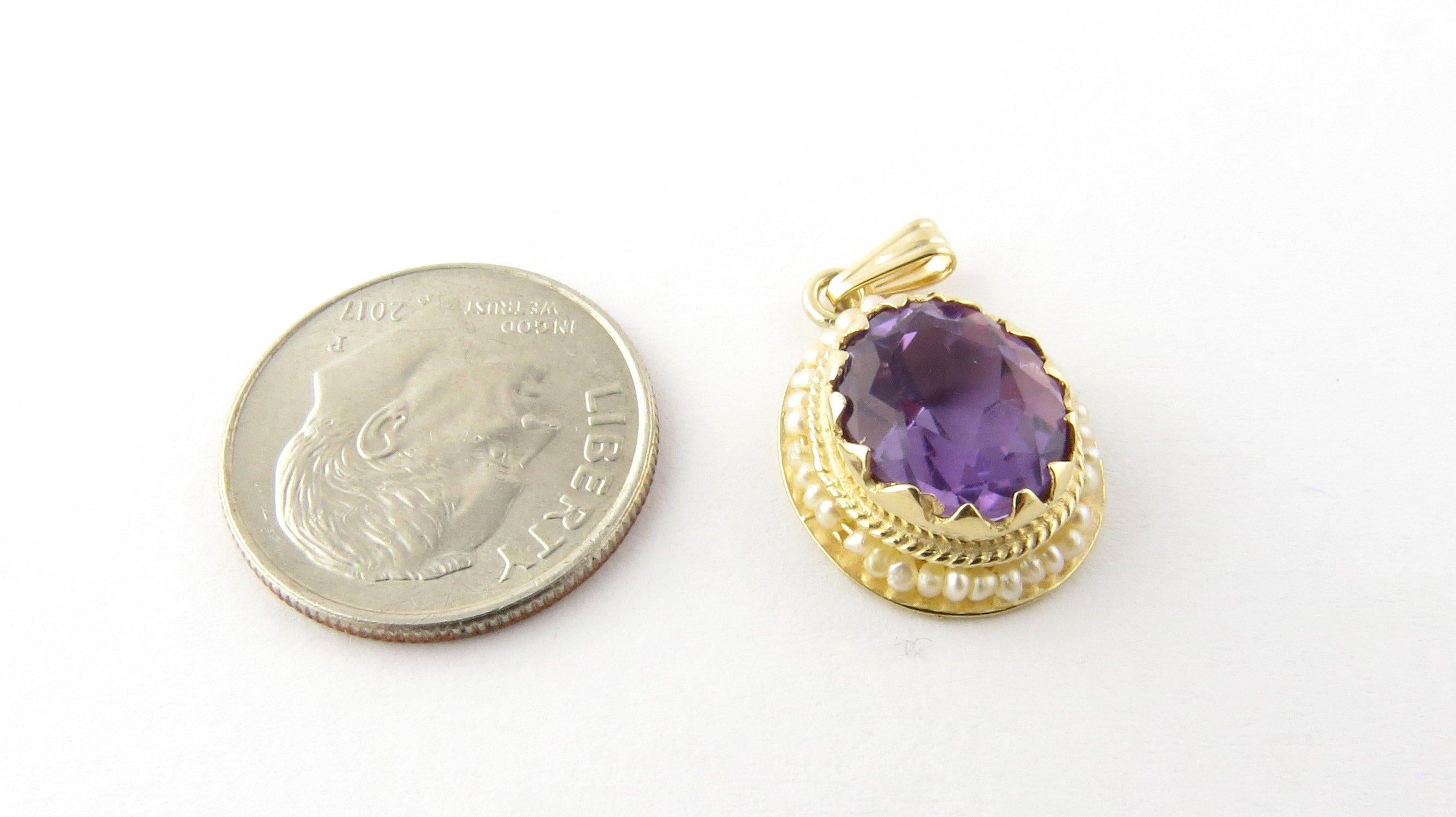 14 Karat Yellow Gold Amethyst and Seed Pearl Pendant 2