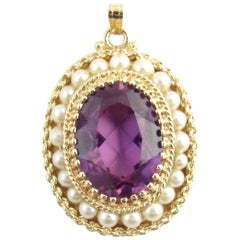 14 Karat Yellow Gold Amethyst and Seed Pearl Pendant