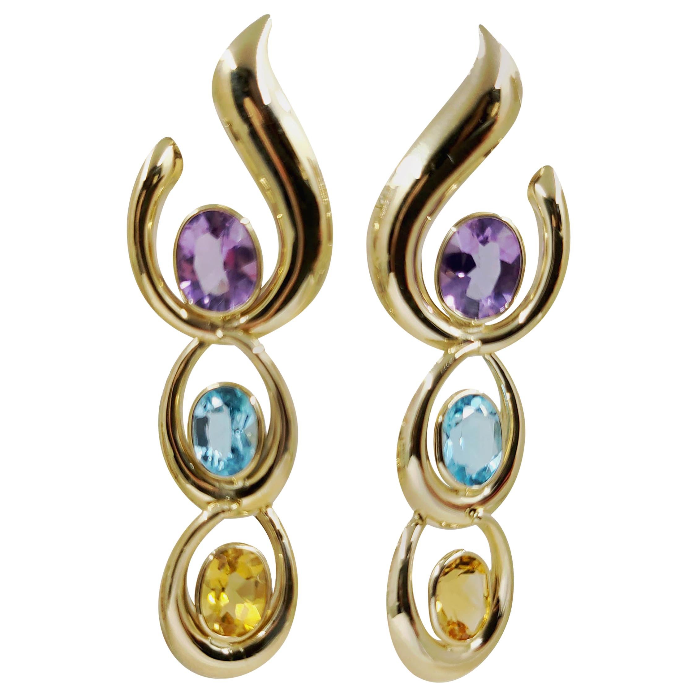 14 Karat Yellow Gold Amethyst, Blue Topaz, and Citrine Dangle Earrings