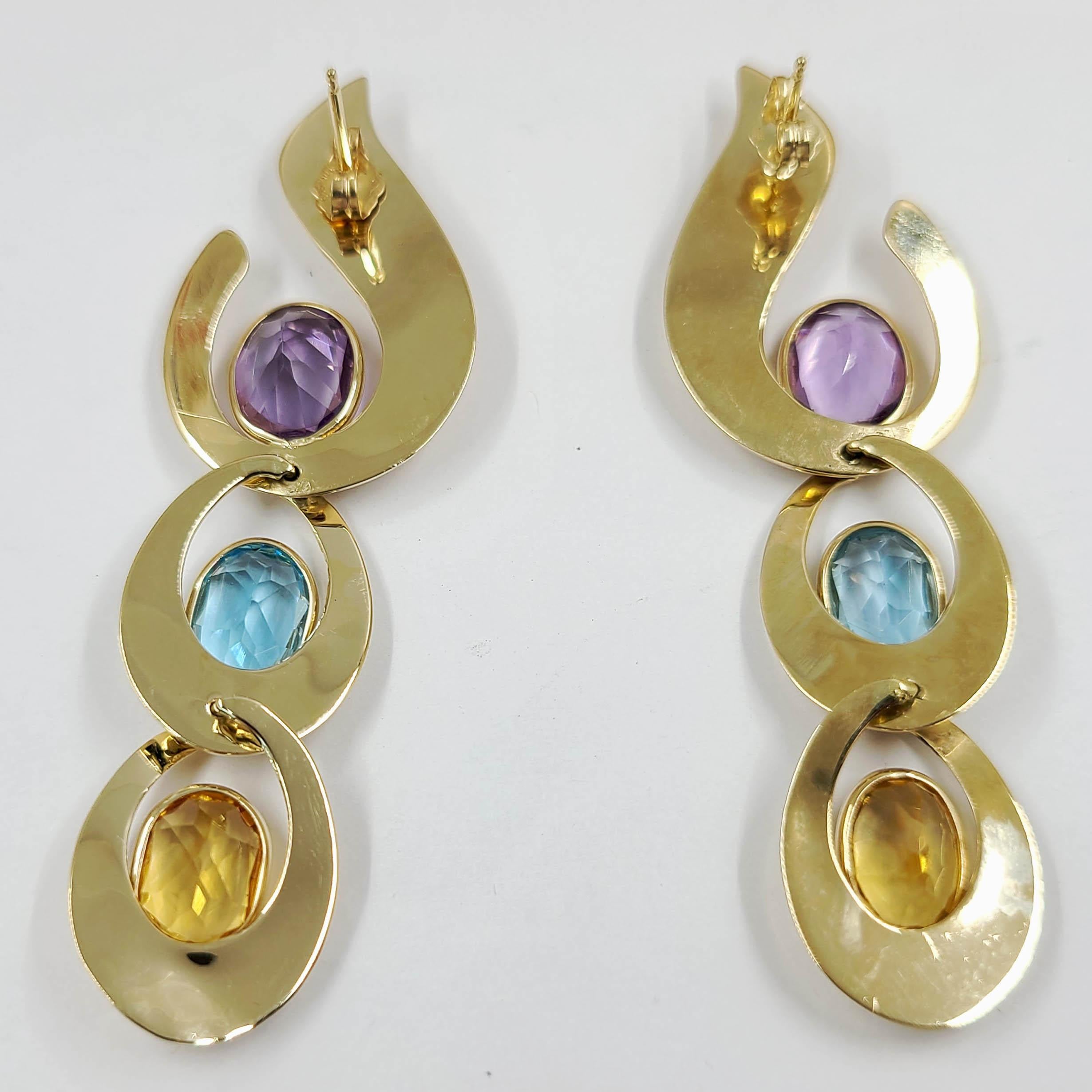14 Karat Yellow Gold Amethyst, Blue Topaz, and Citrine Dangle Earrings In Good Condition In Coral Gables, FL