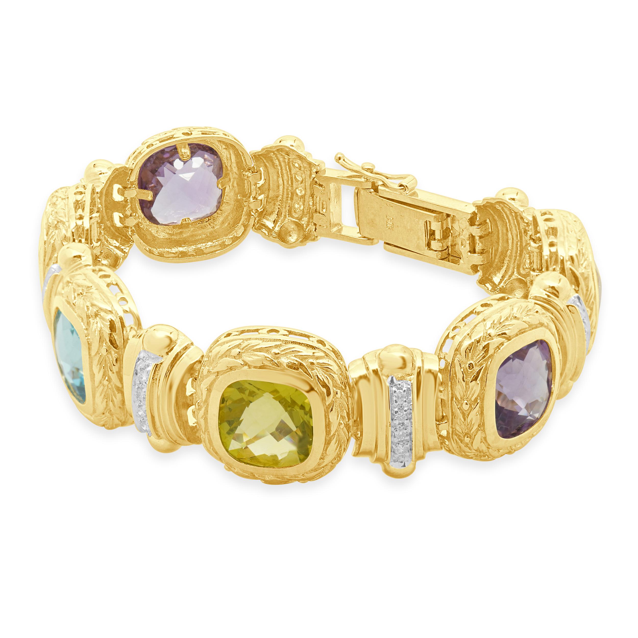 Diseñador: custom
Material: oro amarillo de 14 quilates
Diamante: 28 talla brillante redonda = 0,28ctw
Color: H
Claridad: SI1
Gemas múltiples: 6 talla cojín = 18,30ctw
Dimensiones: la pulsera se ajusta a una muñeca de hasta 7.25 pulgadas
Peso: 34.1
