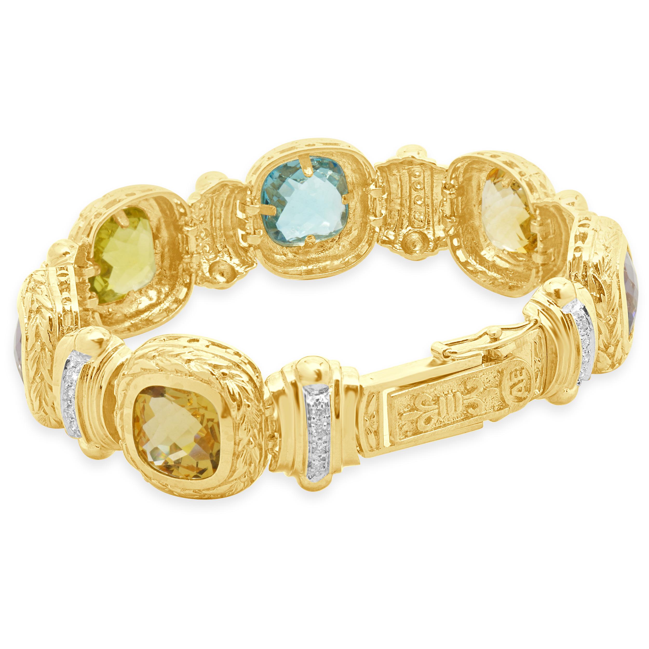 Pulsera de oro amarillo de 14 quilates con amatista, citrino, topacio azul y cuarzo limón Wi Corte redondo en venta