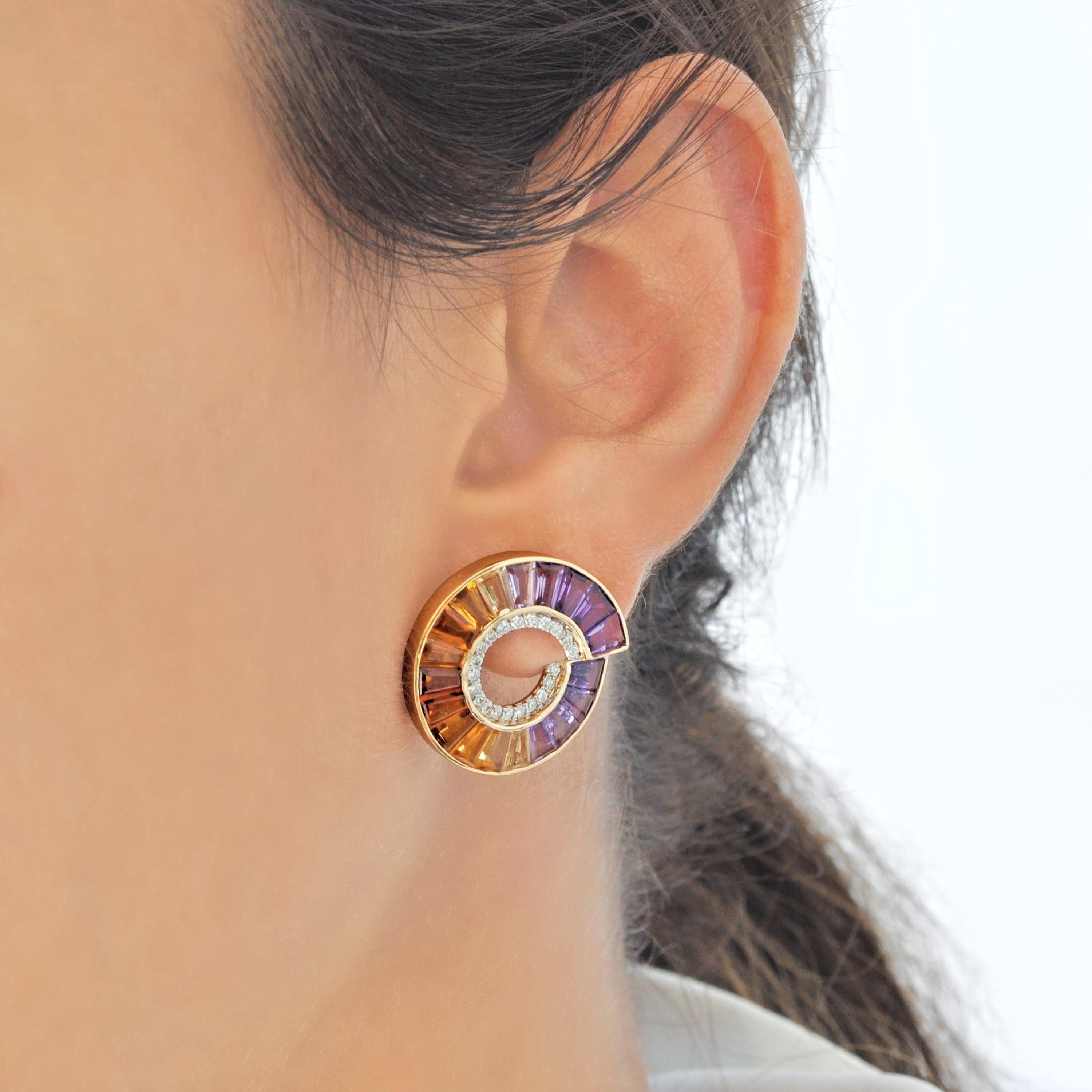 14 Karat Yellow Gold Amethyst Citrine Gemstones Diamond Curve Stud Earrings For Sale 4