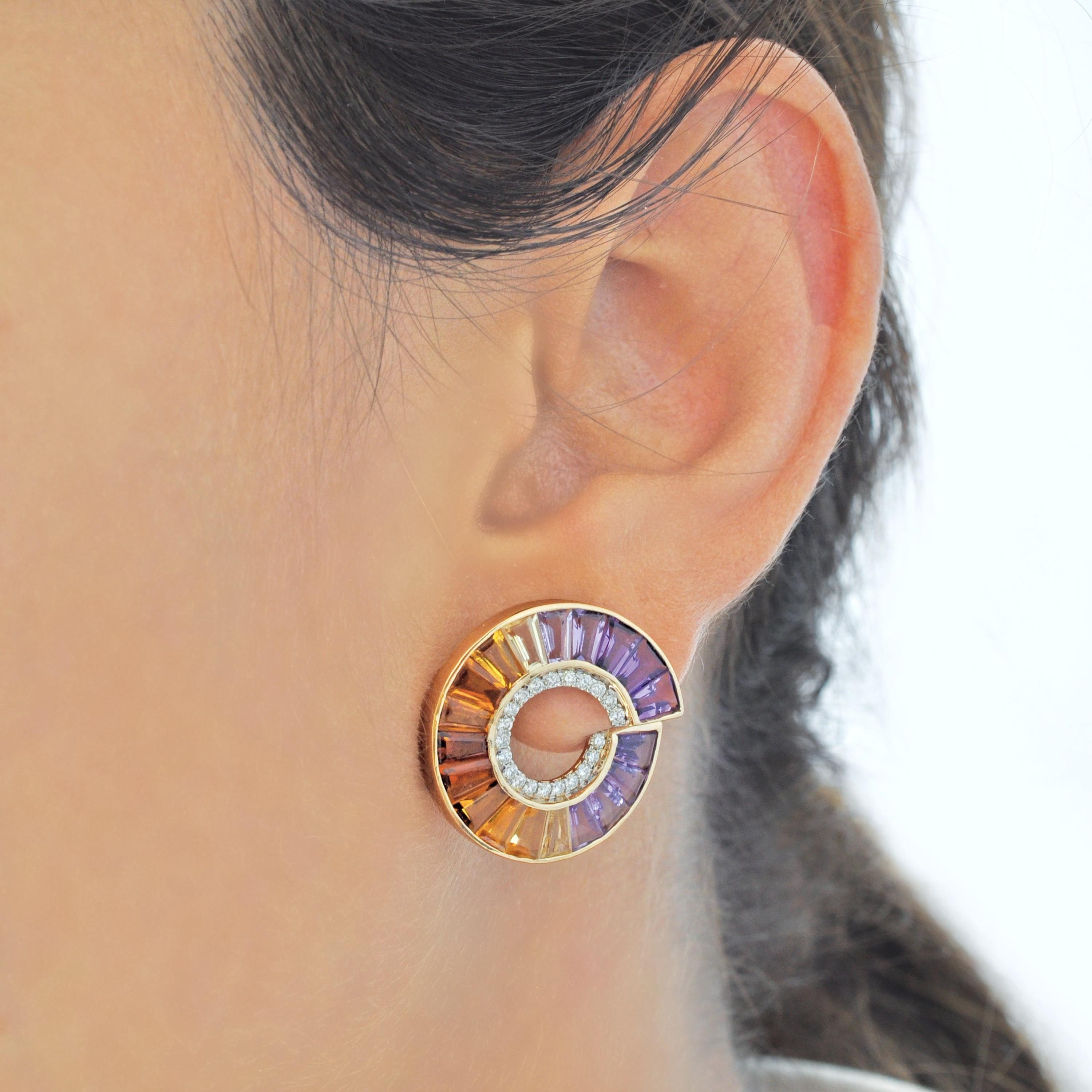 14 Karat Yellow Gold Amethyst Citrine Gemstones Diamond Curve Stud Earrings For Sale 5