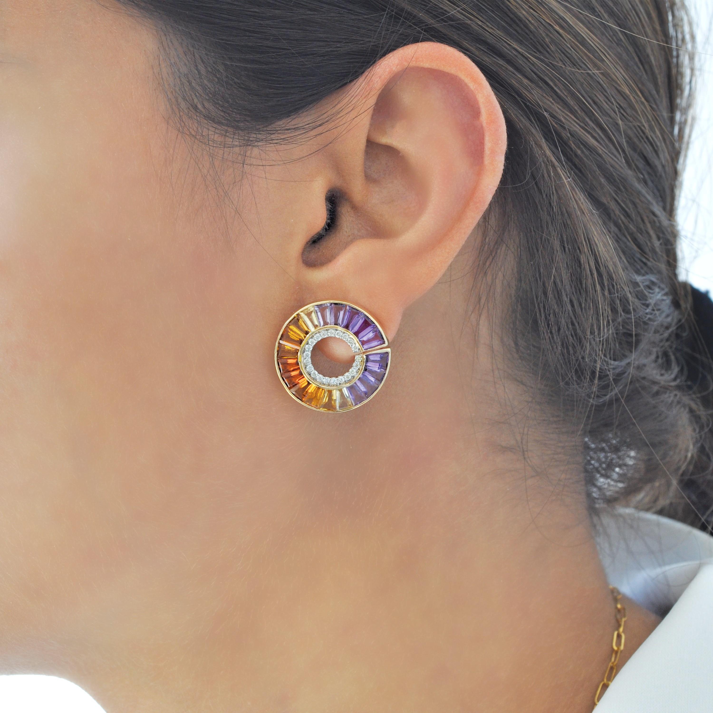14 Karat Yellow Gold Amethyst Citrine Gemstones Diamond Curve Stud Earrings For Sale 6
