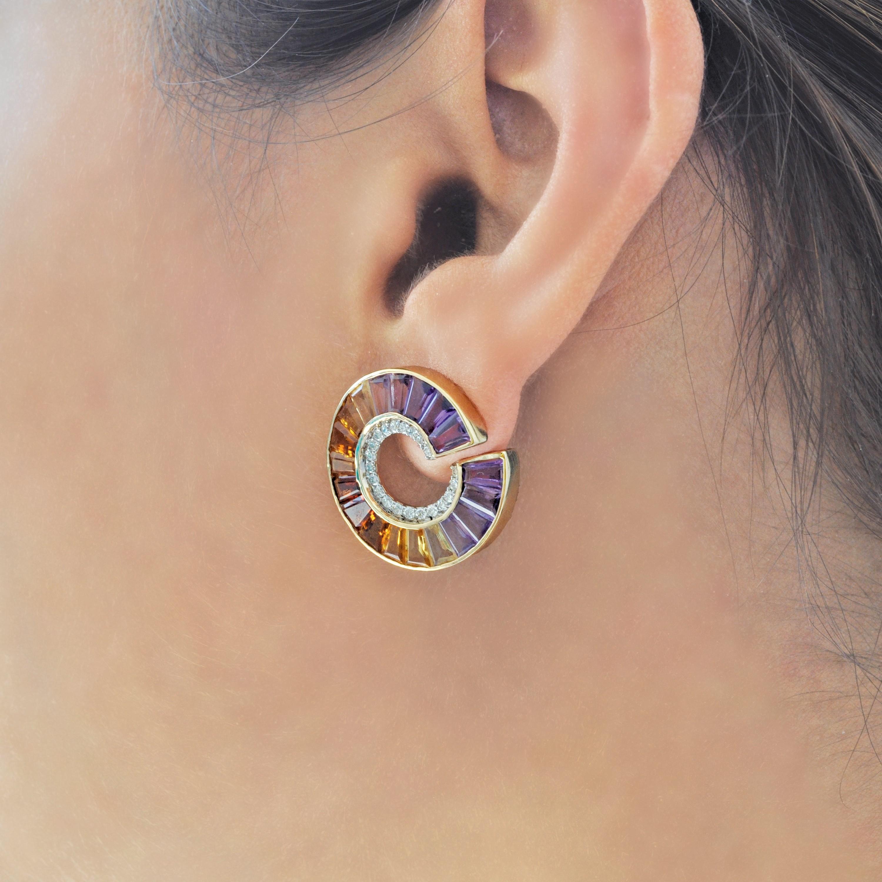 14 Karat Yellow Gold Amethyst Citrine Gemstones Diamond Curve Stud Earrings For Sale 7