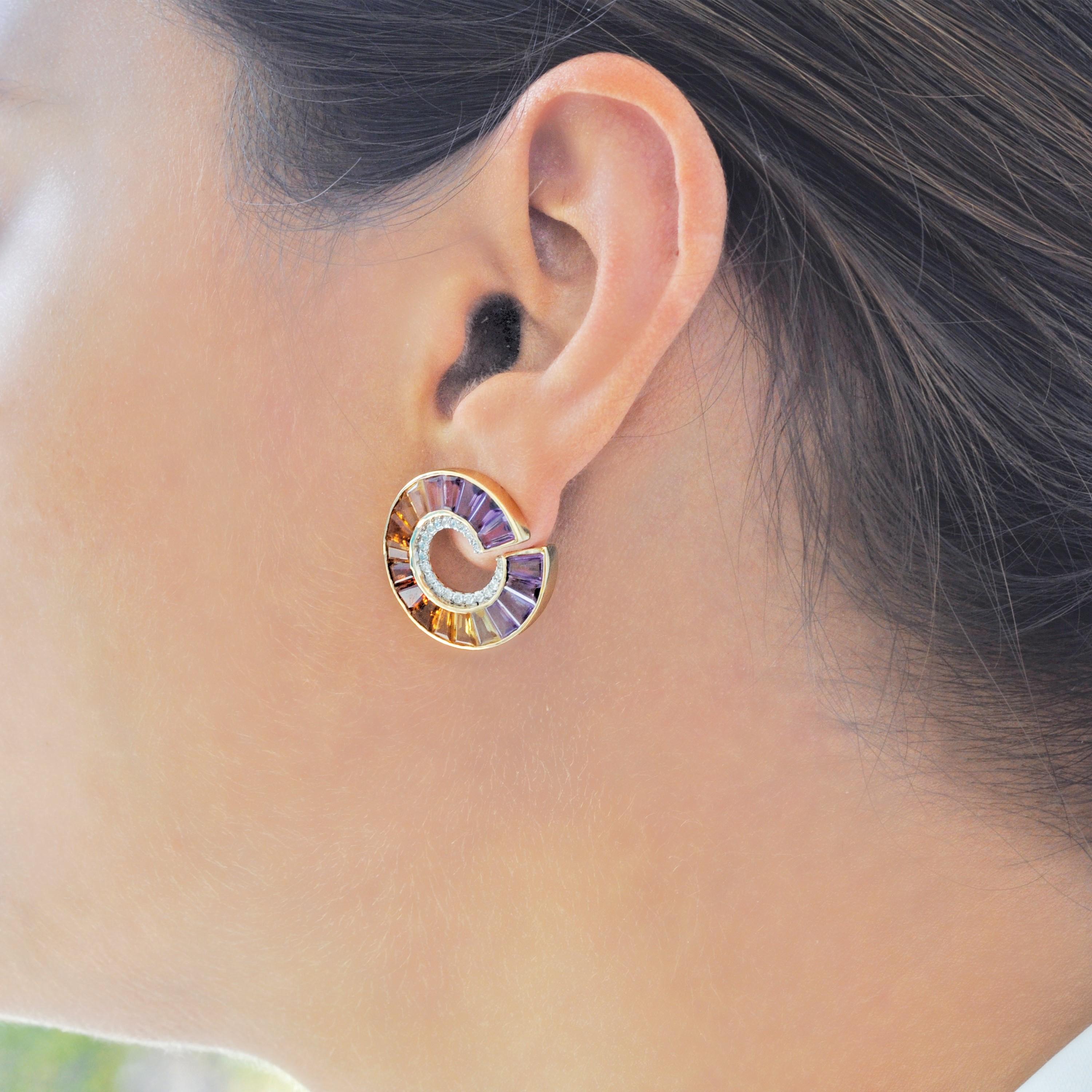 14 Karat Yellow Gold Amethyst Citrine Gemstones Diamond Curve Stud Earrings For Sale 8
