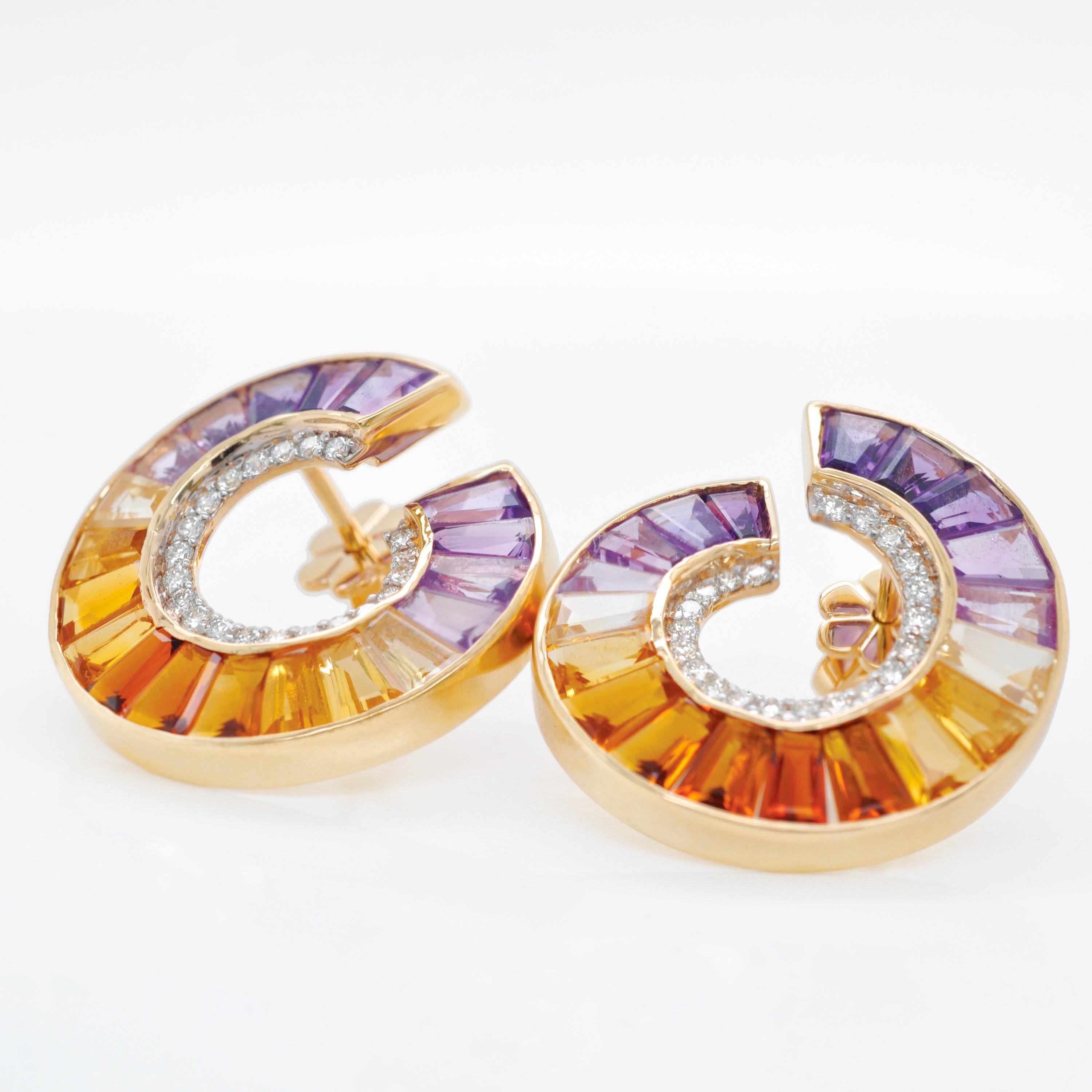 Contemporary 14 Karat Yellow Gold Amethyst Citrine Gemstones Diamond Curve Stud Earrings For Sale