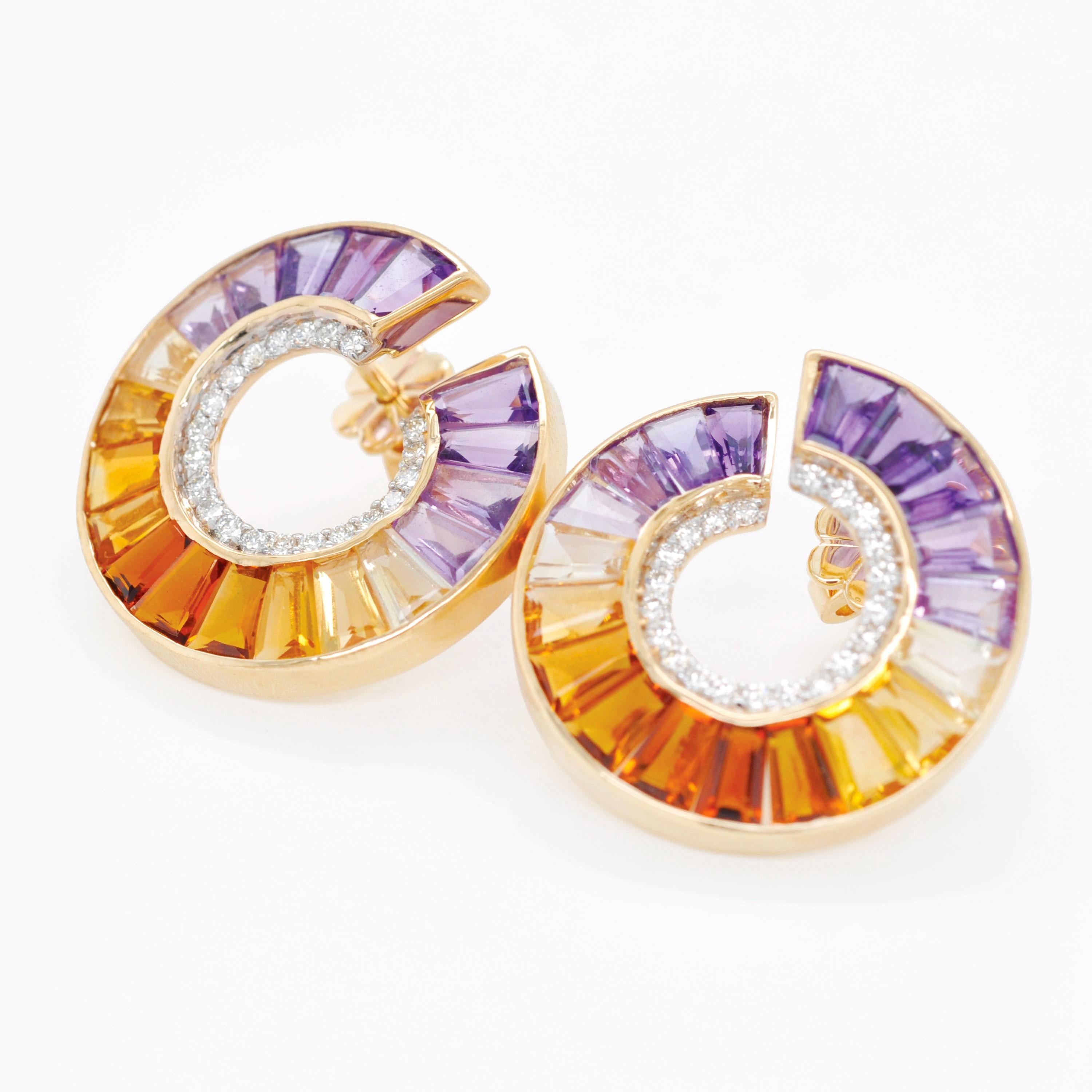Tapered Baguette 14 Karat Yellow Gold Amethyst Citrine Gemstones Diamond Curve Stud Earrings For Sale