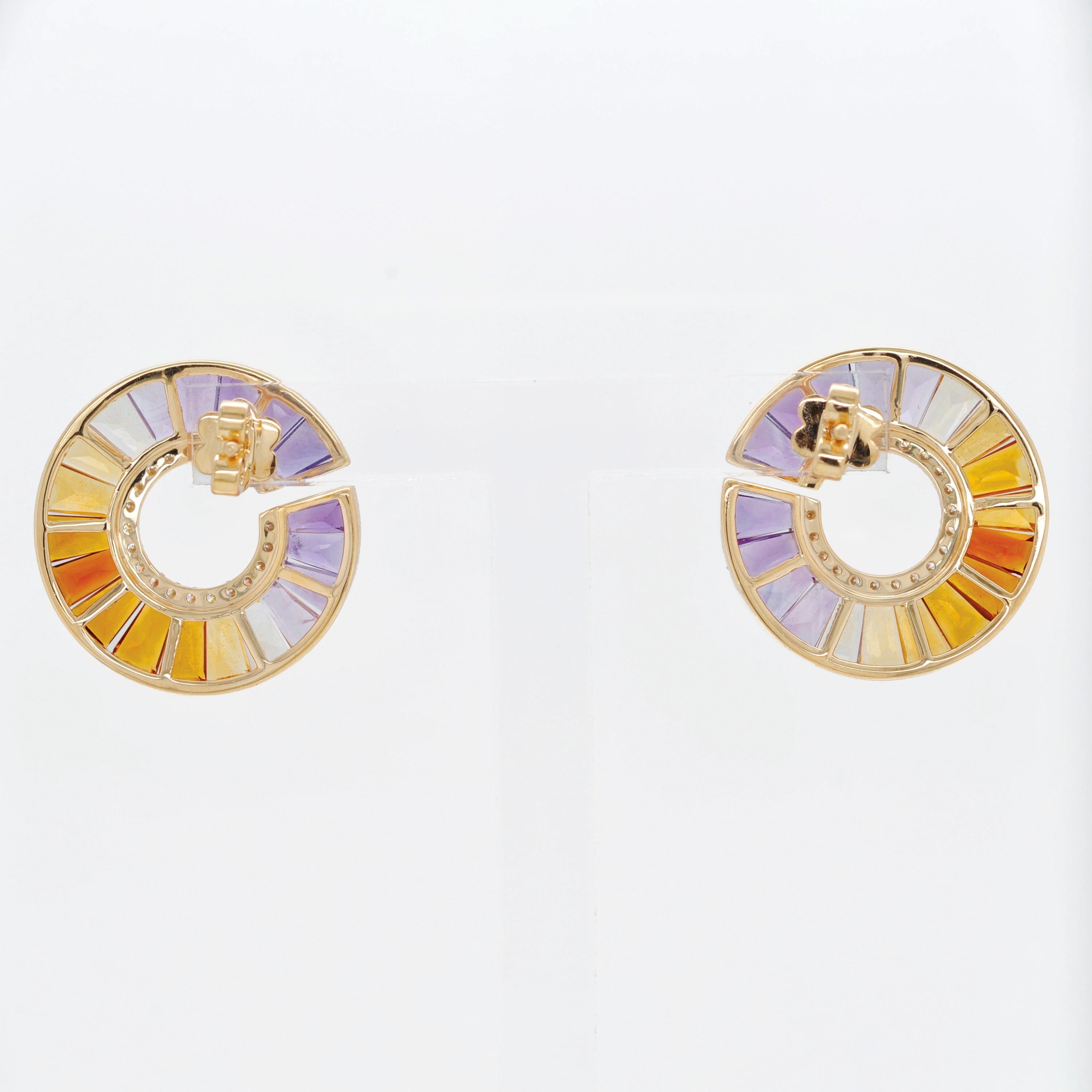 Women's 14 Karat Yellow Gold Amethyst Citrine Gemstones Diamond Curve Stud Earrings For Sale