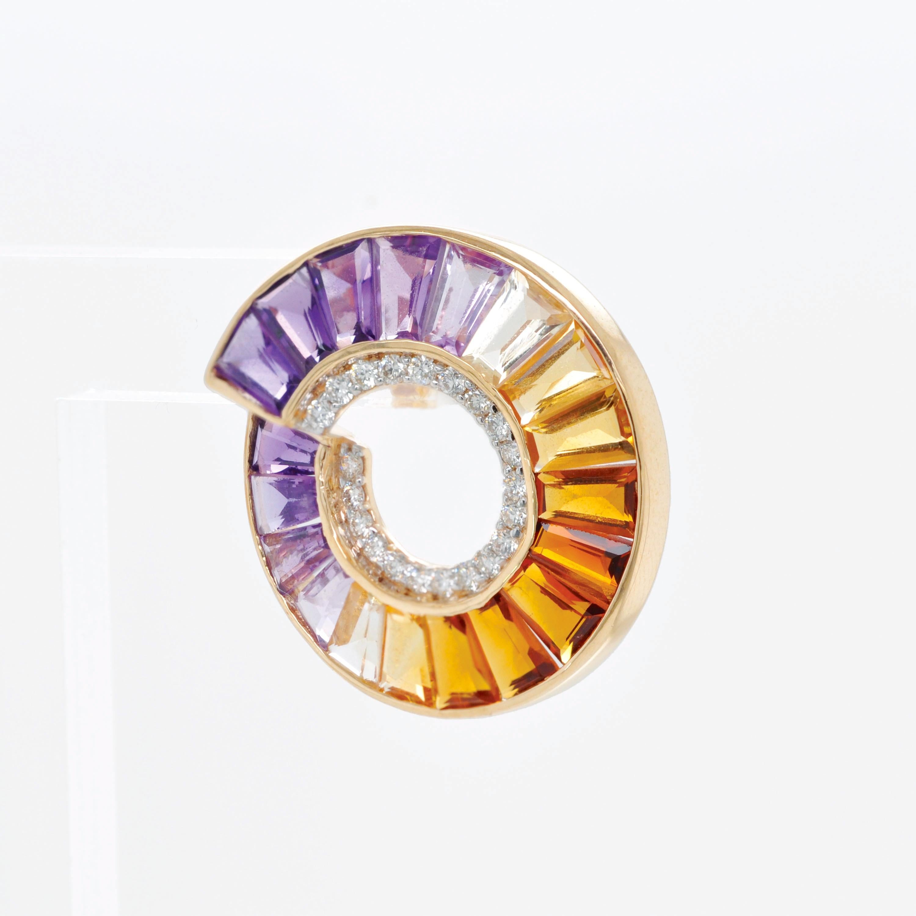 14 Karat Yellow Gold Amethyst Citrine Gemstones Diamond Curve Stud Earrings For Sale 1