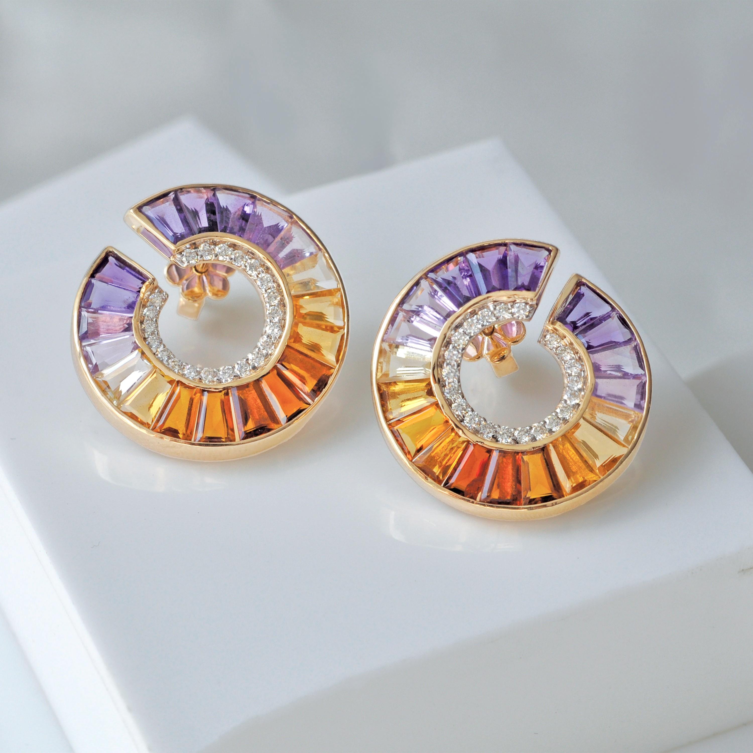 14 Karat Yellow Gold Amethyst Citrine Gemstones Diamond Curve Stud Earrings For Sale 2