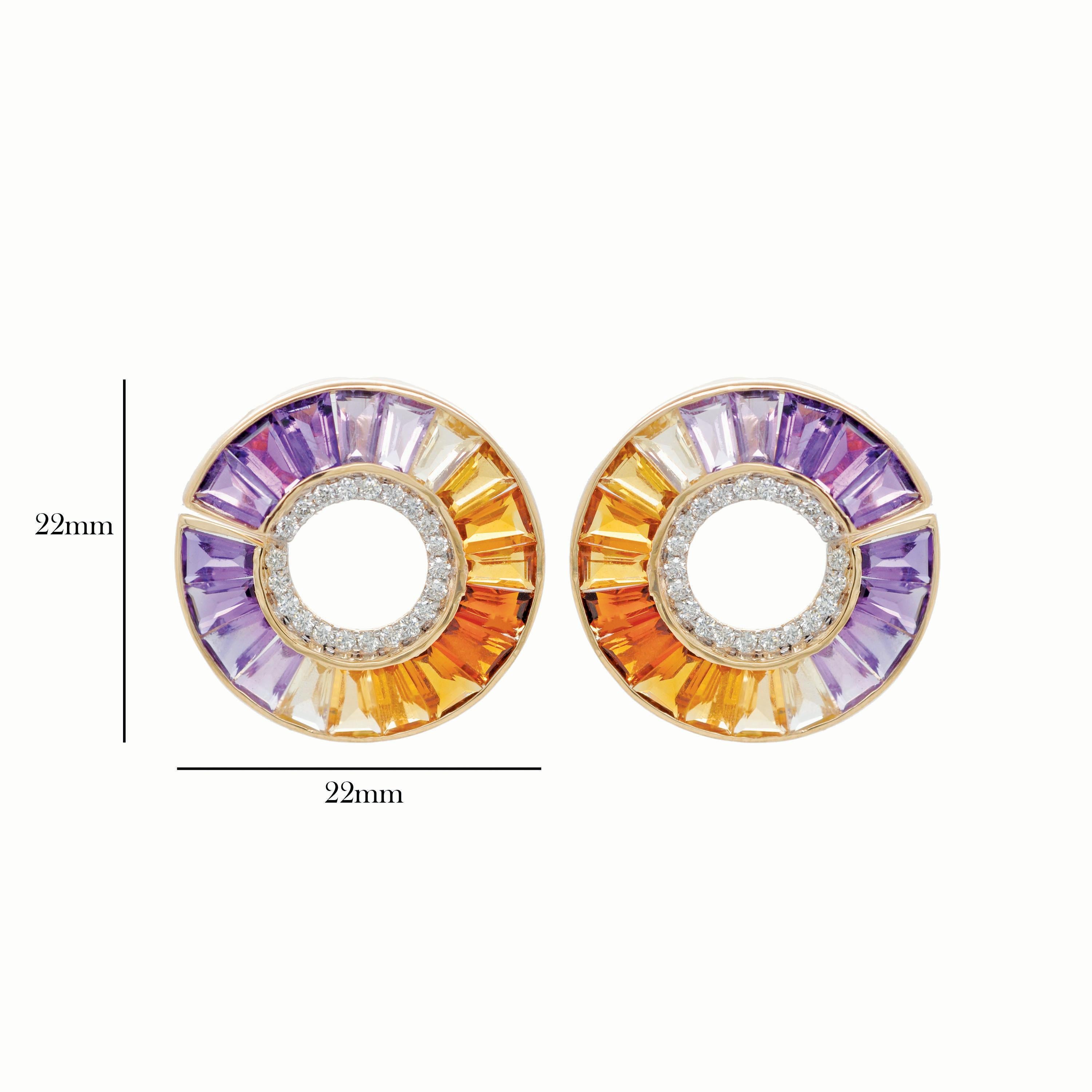 14 Karat Yellow Gold Amethyst Citrine Gemstones Diamond Curve Stud Earrings For Sale 3