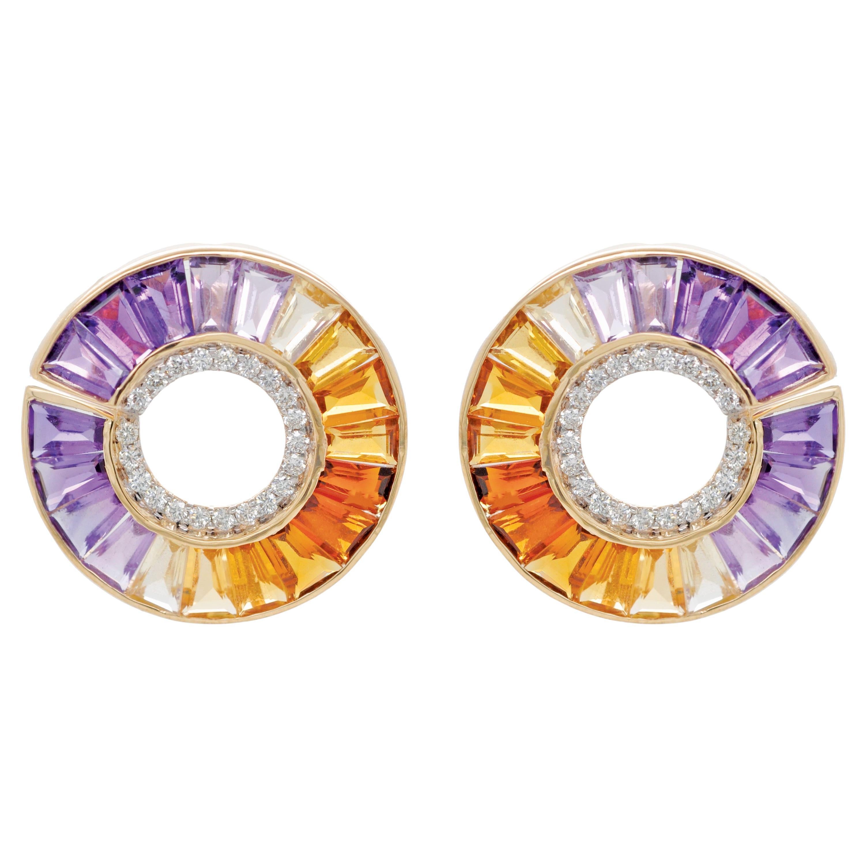 14 Karat Yellow Gold Amethyst Citrine Gemstones Diamond Curve Stud Earrings For Sale