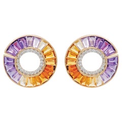 Pendientes de Oro Amarillo de 14 Kilates Amatista Citrino Piedras Preciosas Diamante Curva