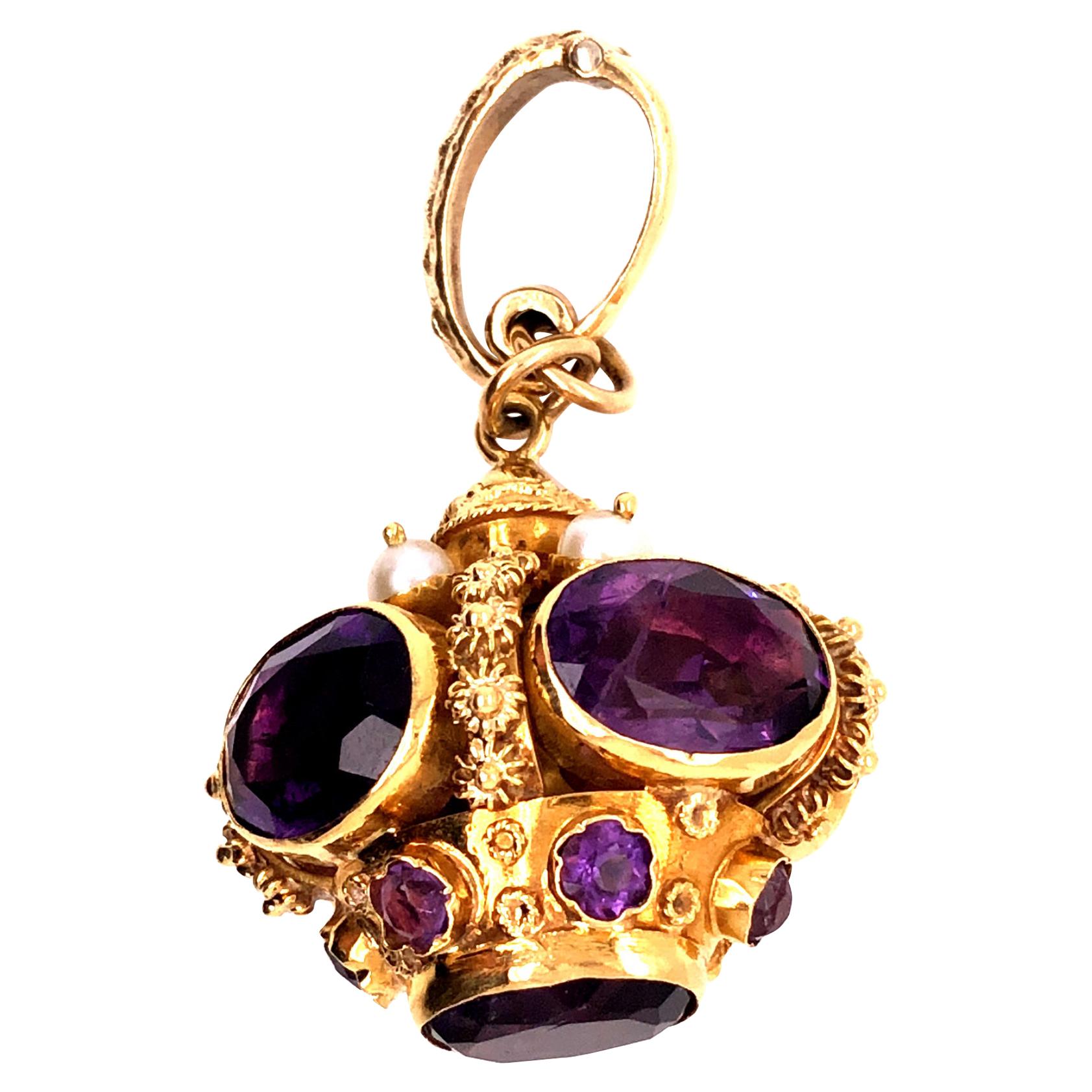 14 Karat Yellow Gold Amethyst Cultured Pearl Pendant For Sale
