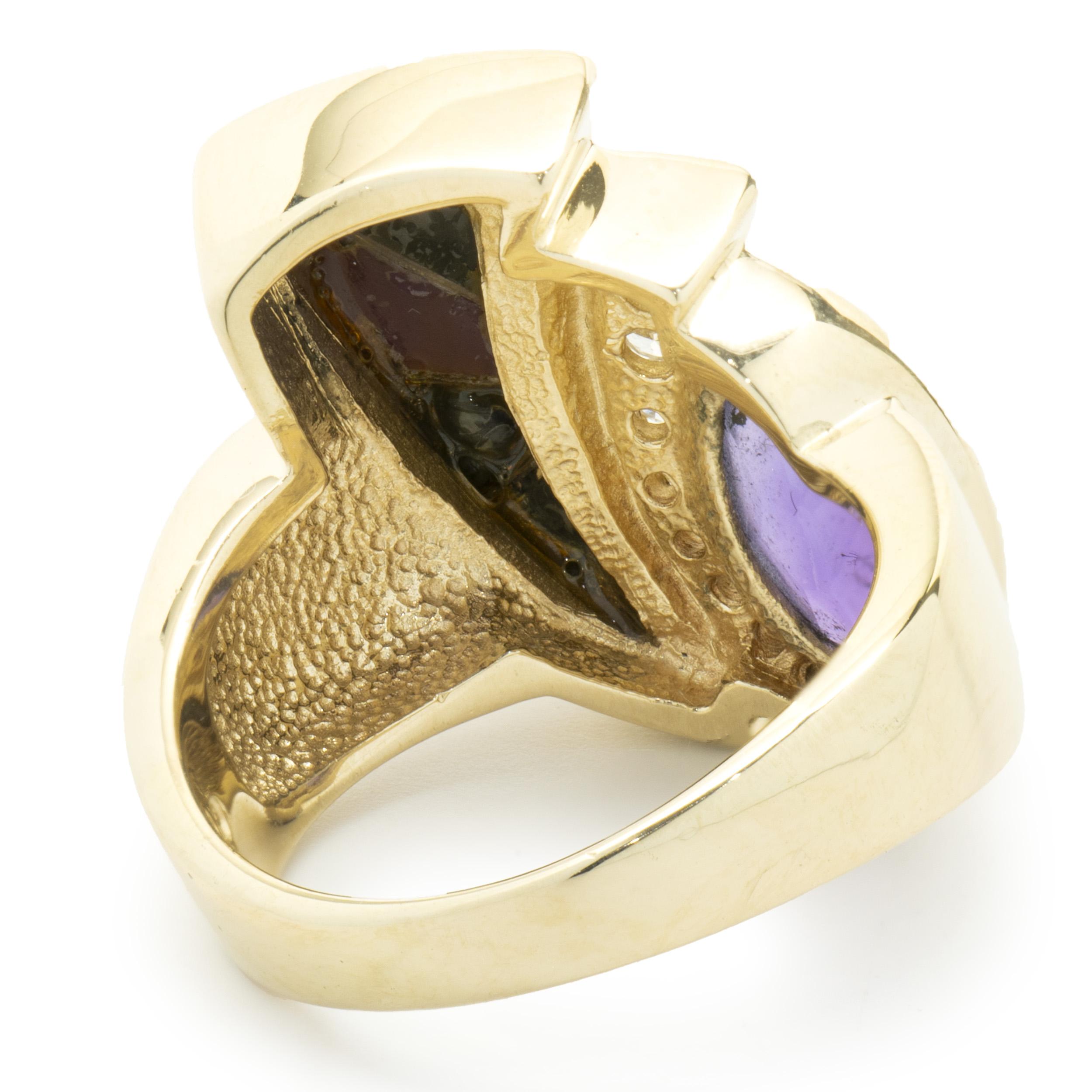 14 Karat Yellow Gold Amethyst, Diamond, Onyx, Opal, and Sugilite Inlay Ring In Excellent Condition In Scottsdale, AZ