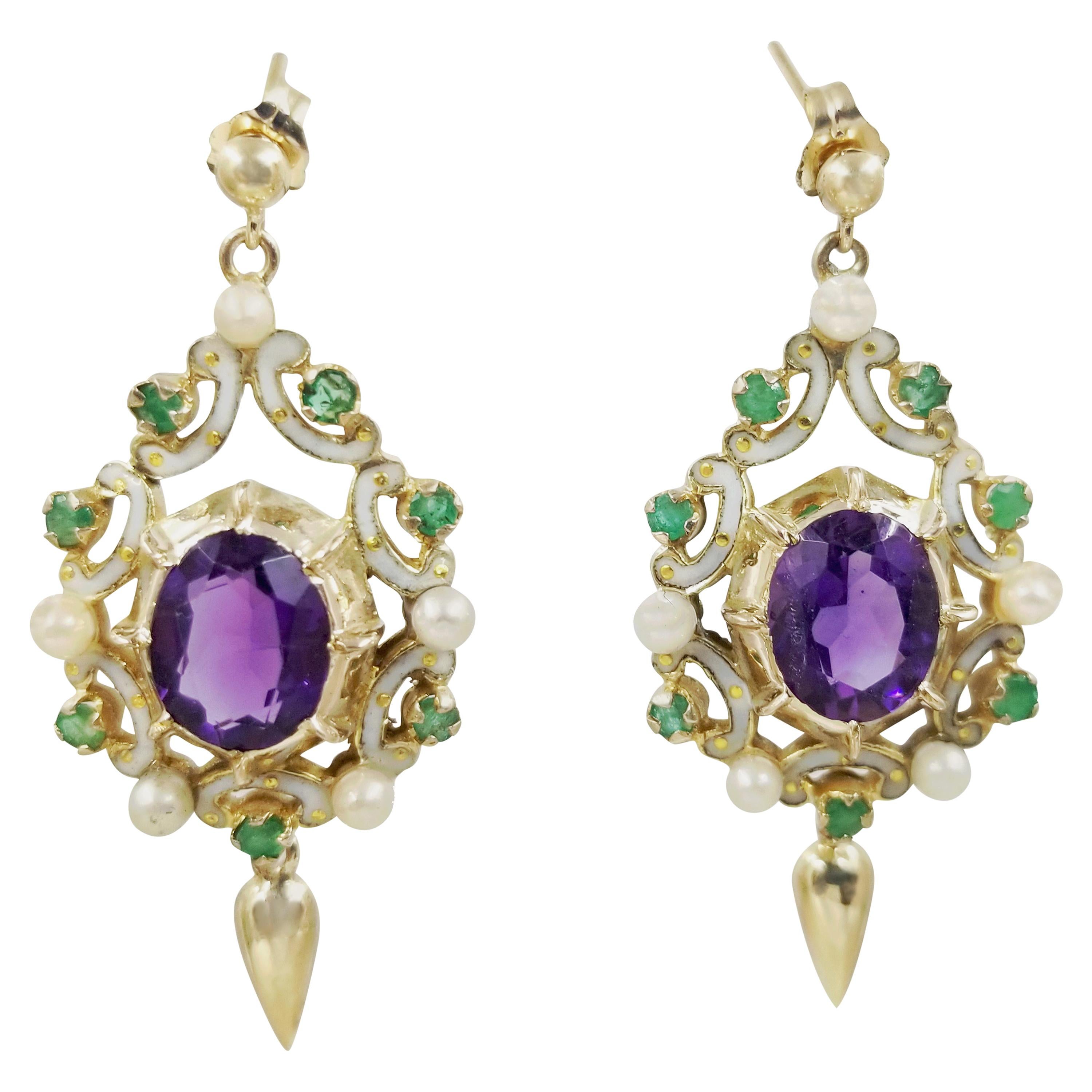 14 Karat Yellow Gold Amethyst, Emerald, and Pearl Dangle Earrings