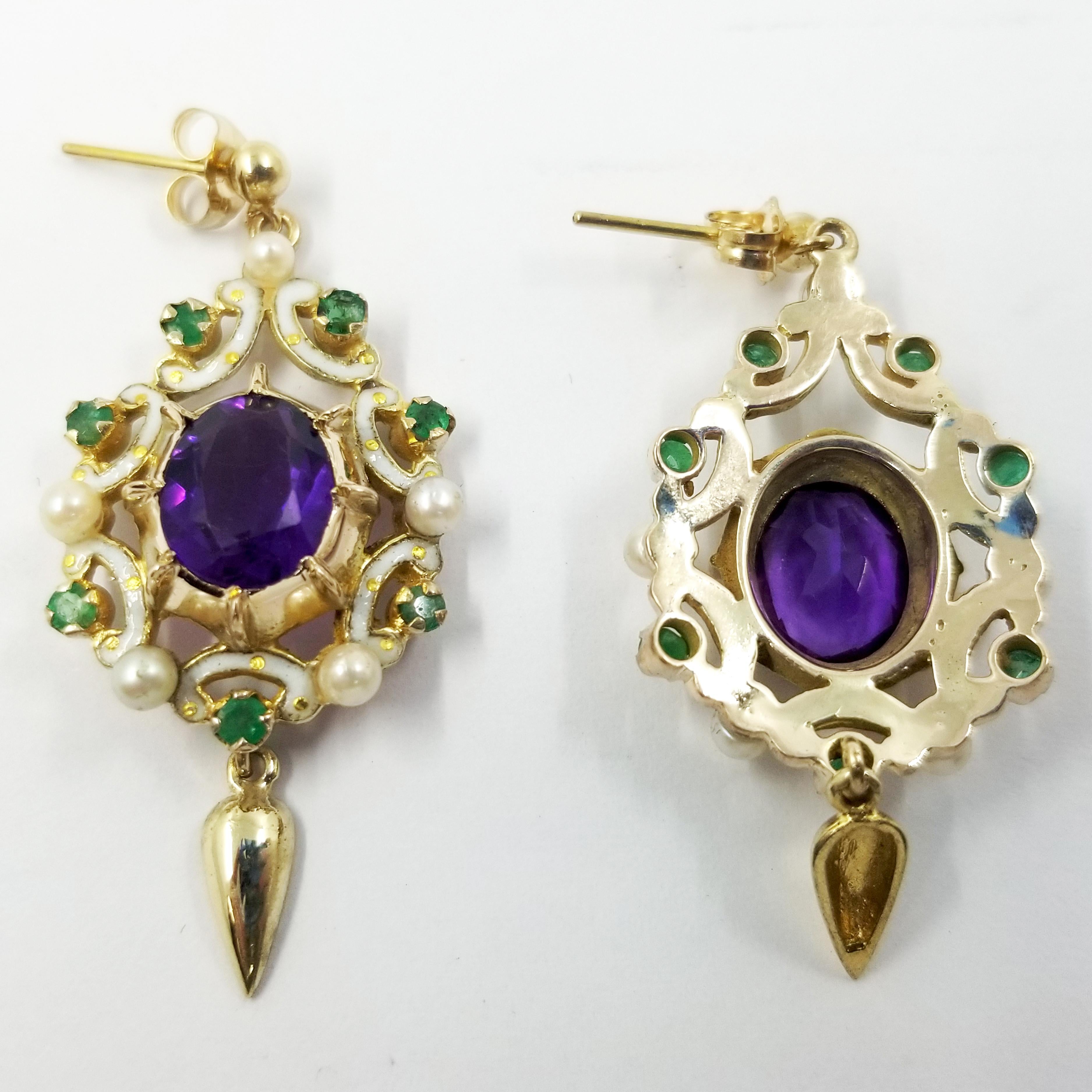 Oval Cut 14 Karat Yellow Gold Amethyst, Emerald, and Pearl Dangle Earrings