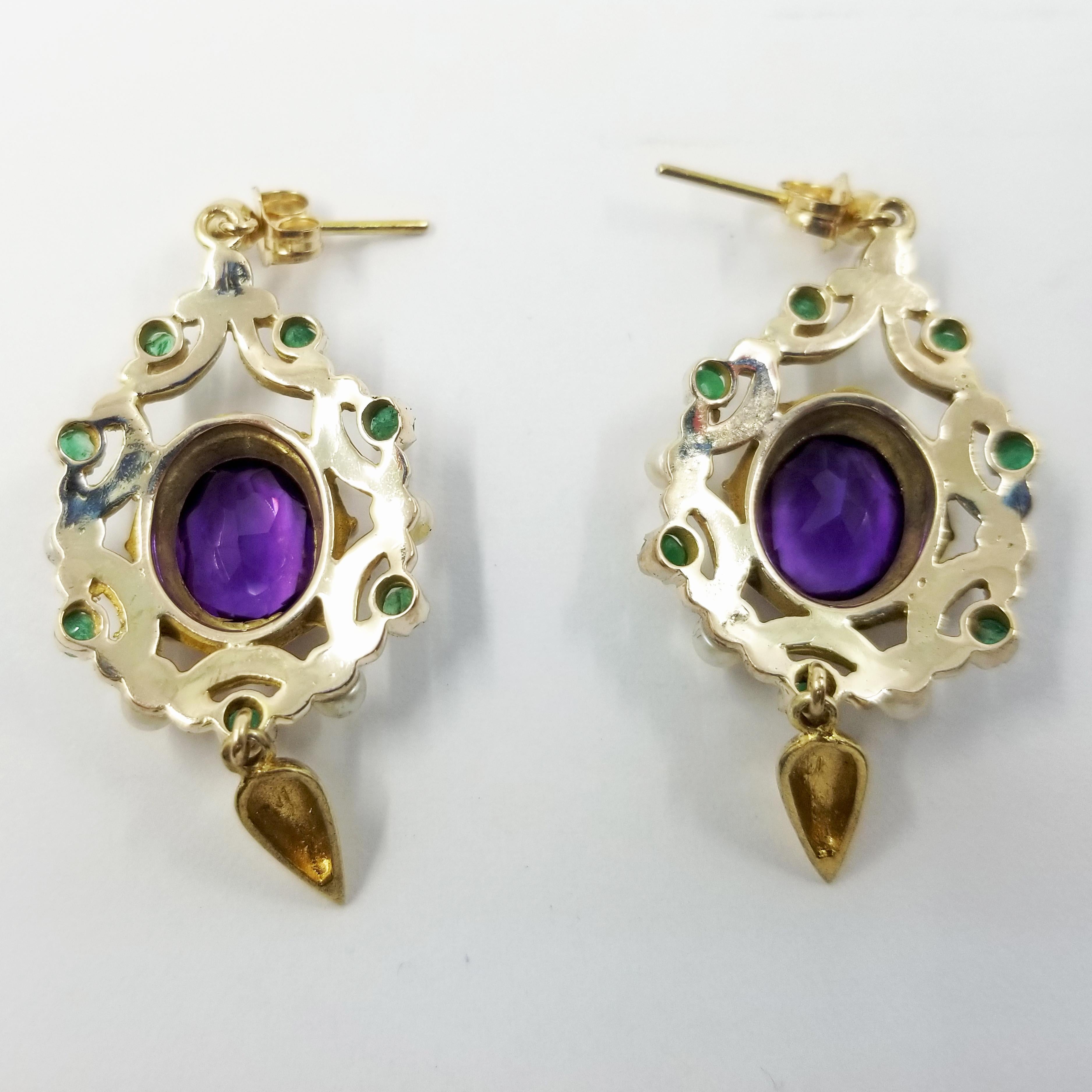 Women's 14 Karat Yellow Gold Amethyst, Emerald, and Pearl Dangle Earrings