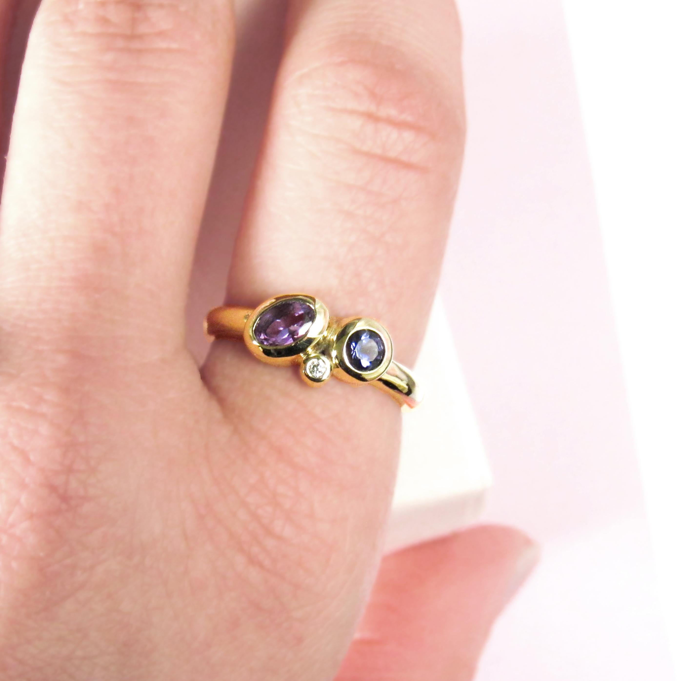 Round Cut 14 Karat Yellow Gold Amethyst, Iolite and Diamond Ring For Sale